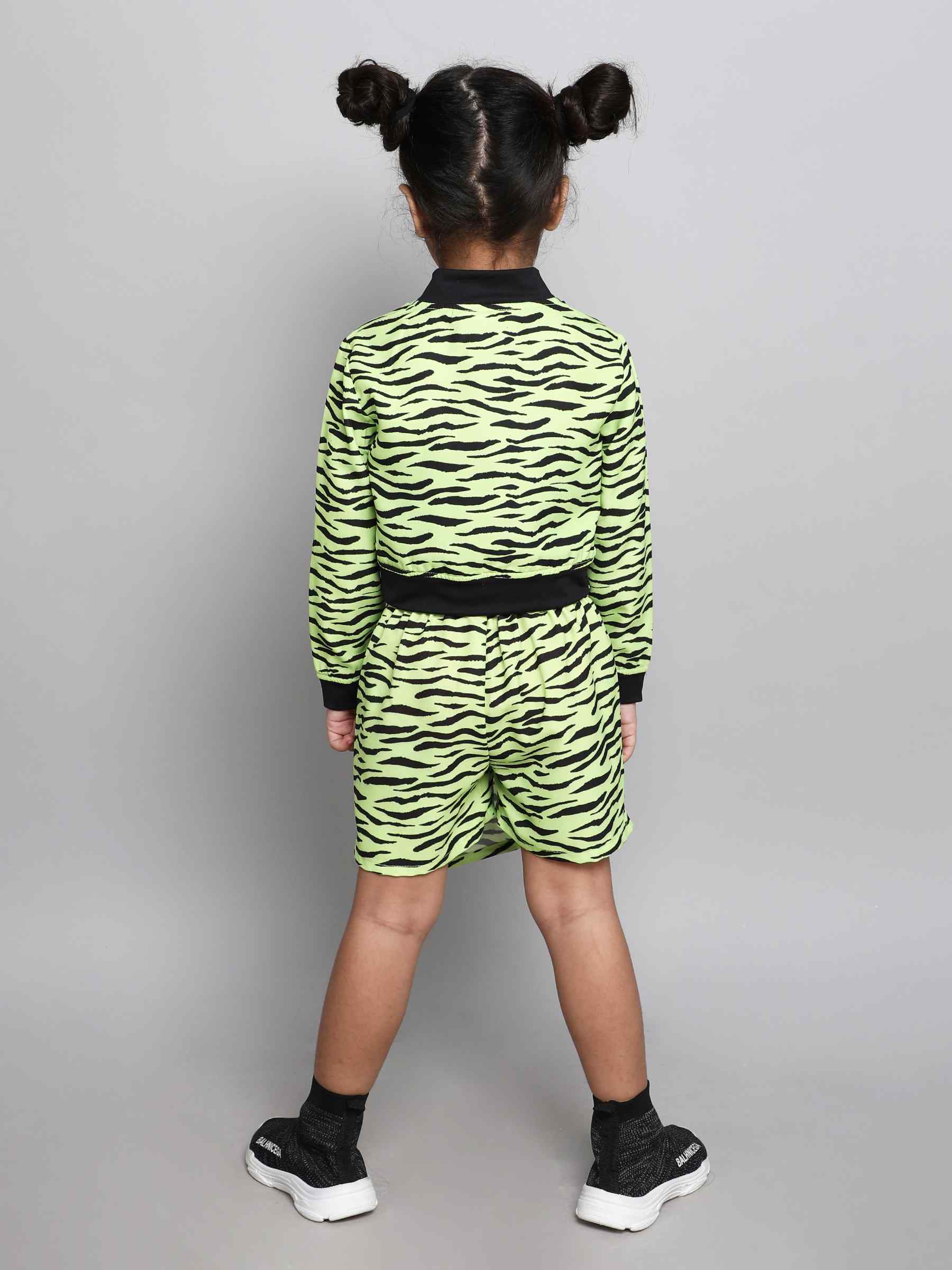 animal printed full sleeves bomber jacket with matching skort and singlet crop top set-Neon green/Black