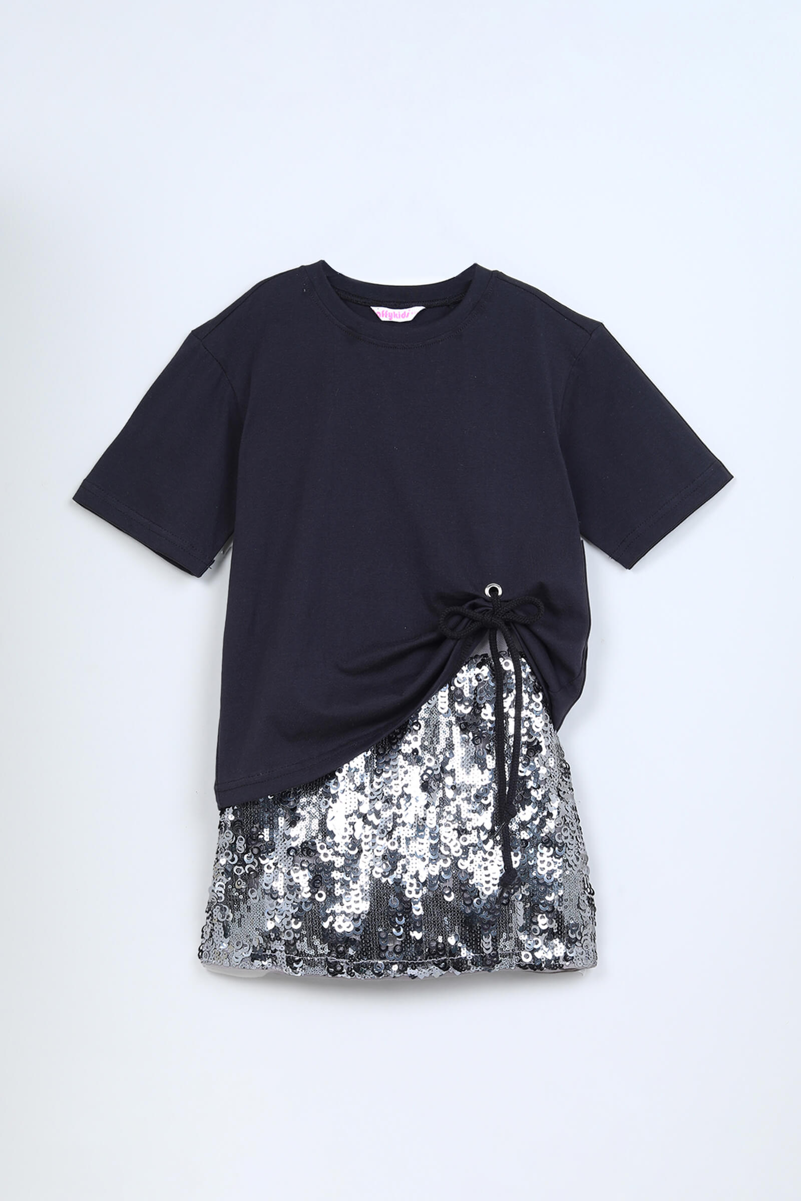 Solid tie up detail T-shirt with Sequin skirt set - Black/Silver