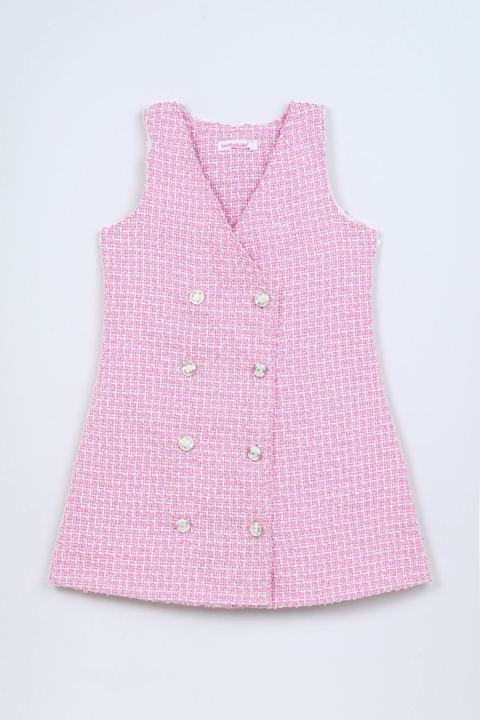 tweed dress with polo neck full sleeve inner top - Pink and White