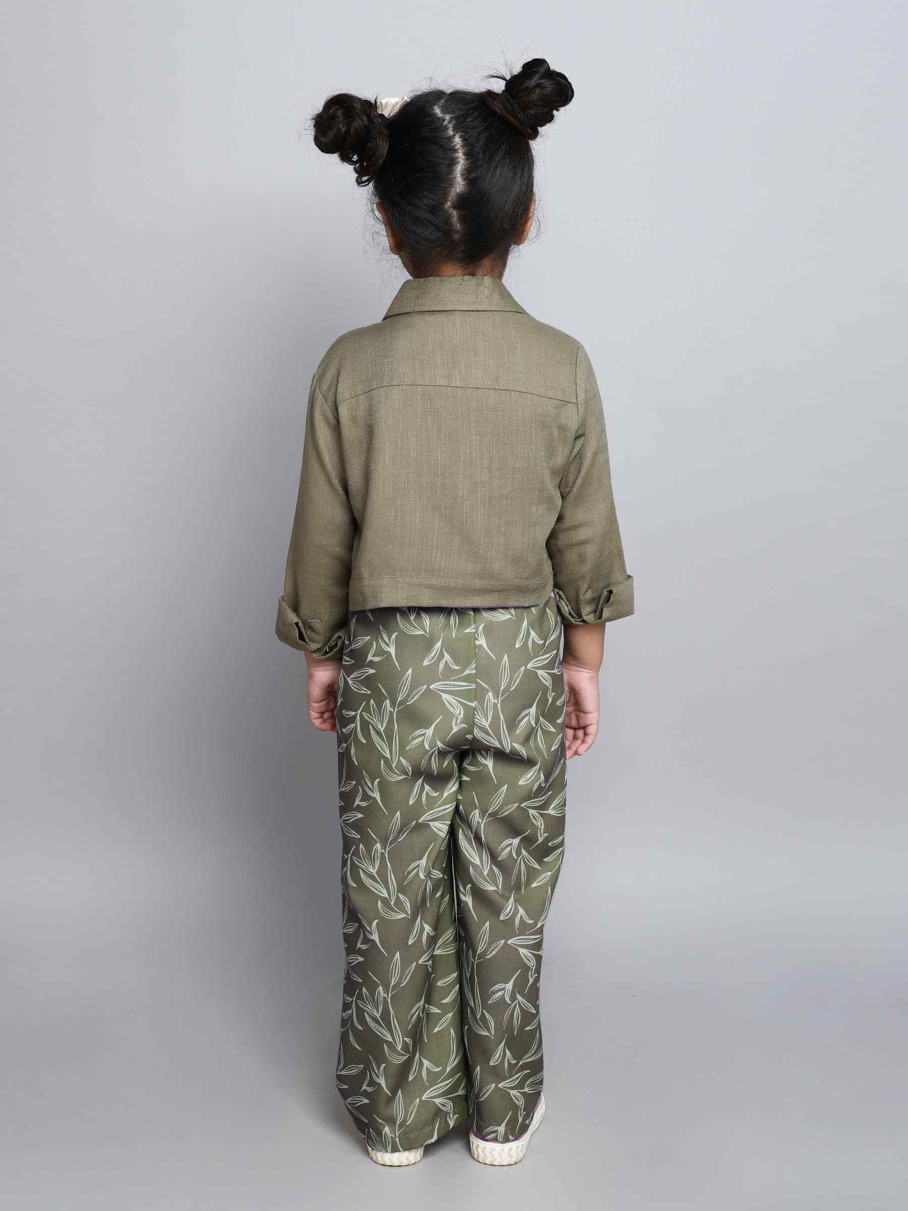 full sleeve button up jacket with tropical printed crop top and pant set-Olive Green