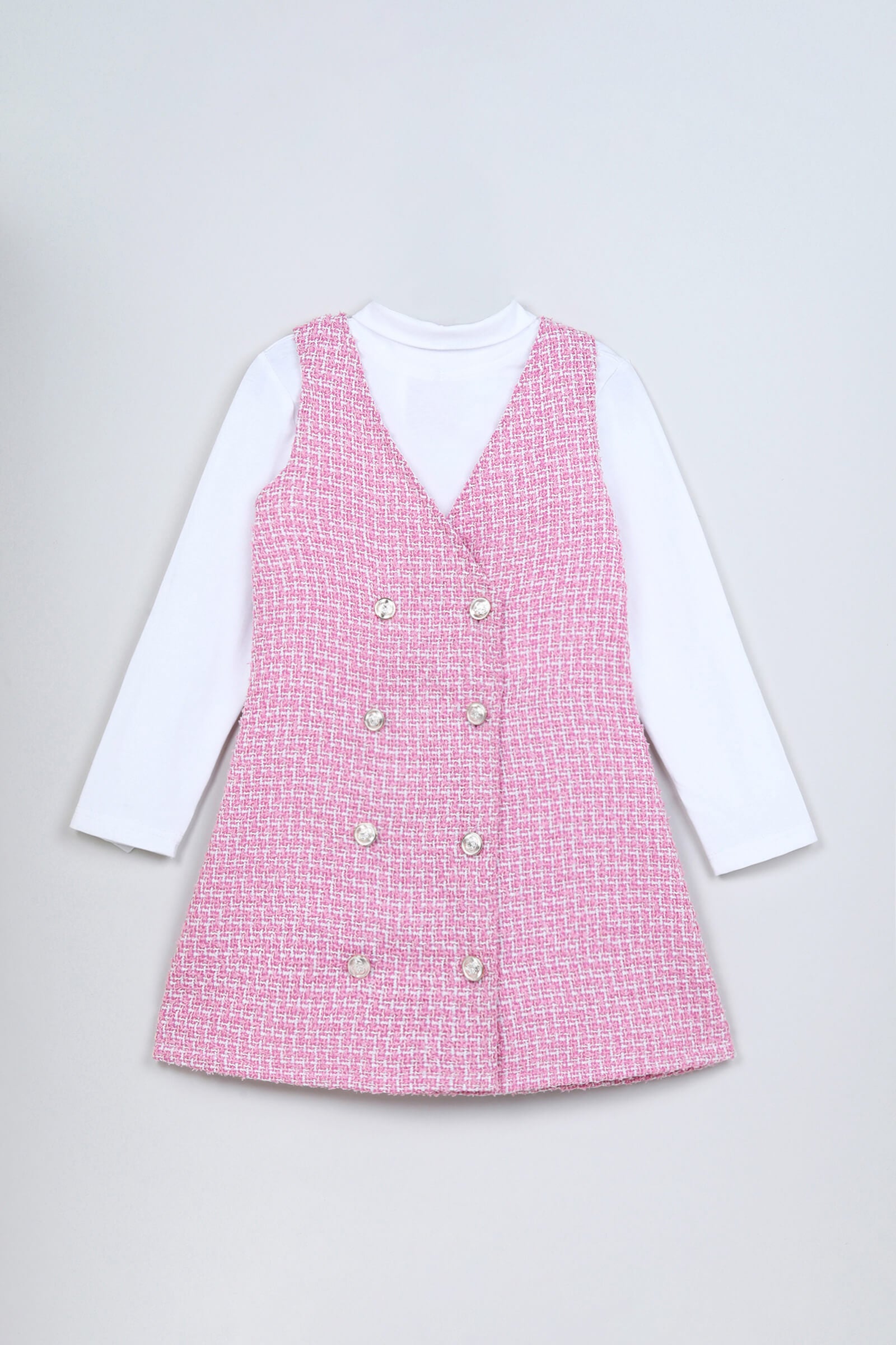 tweed dress with polo neck full sleeve inner top - Pink and White