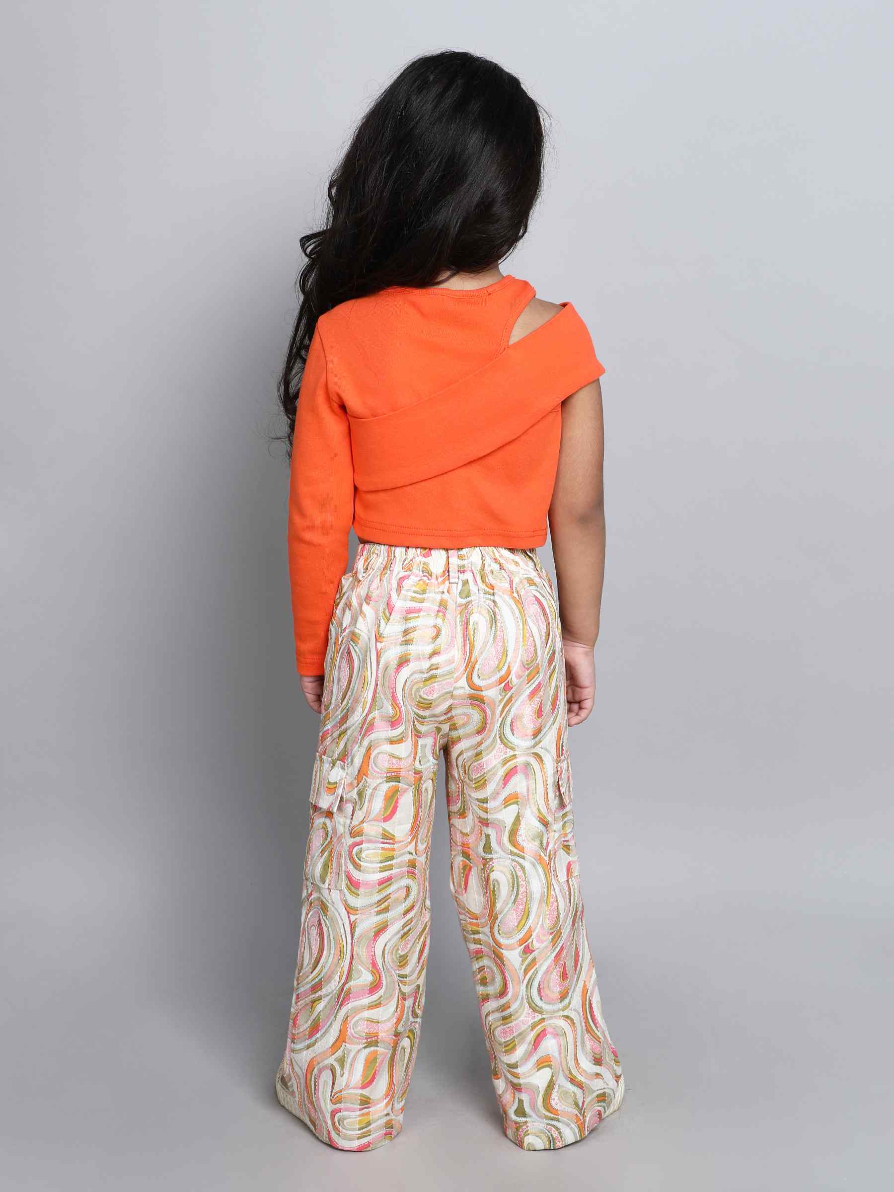 cotton Asymmetric crop top with abstract printed pant set-Orange/Multi