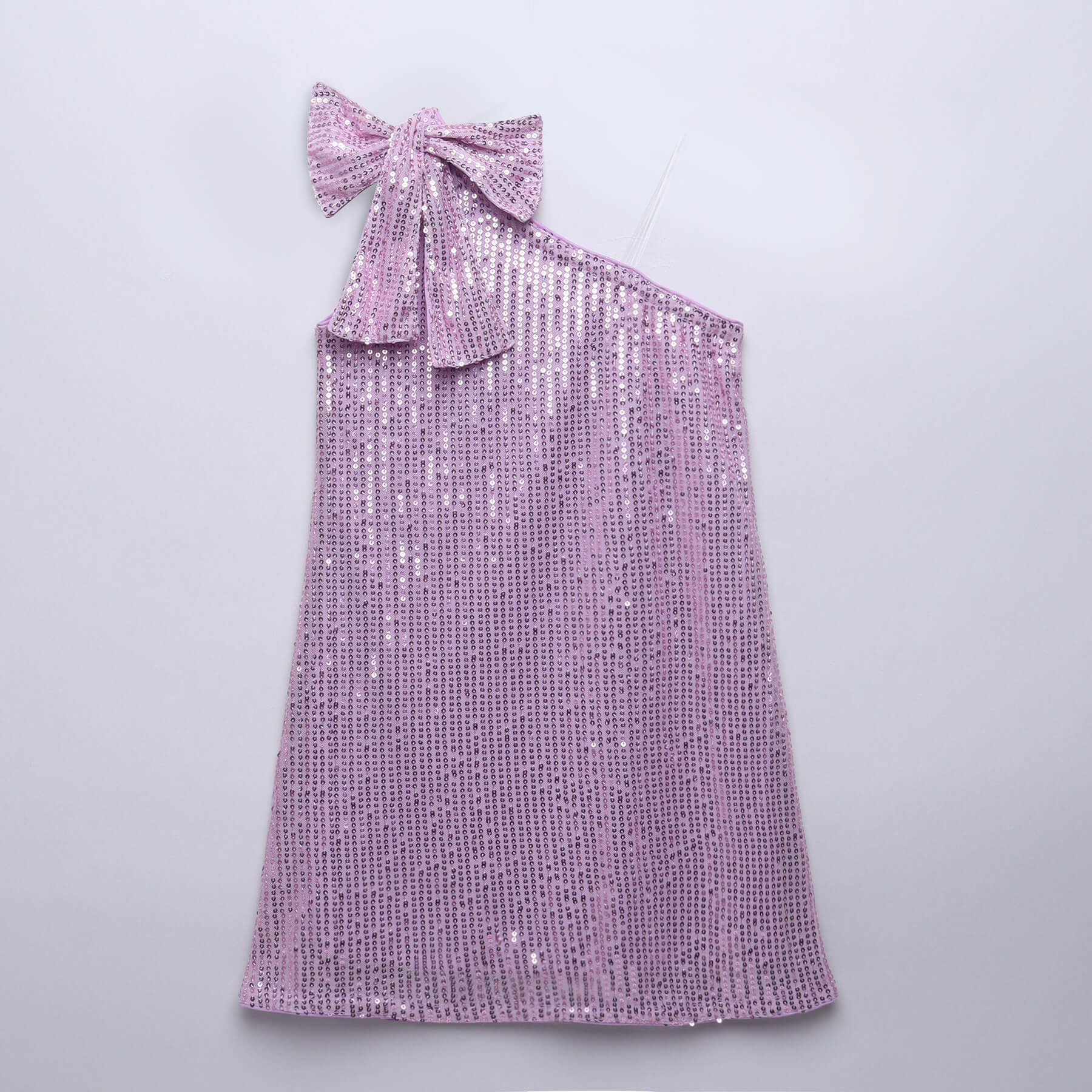 one shoulder bow detail sequin A-line partywear dress- Purple