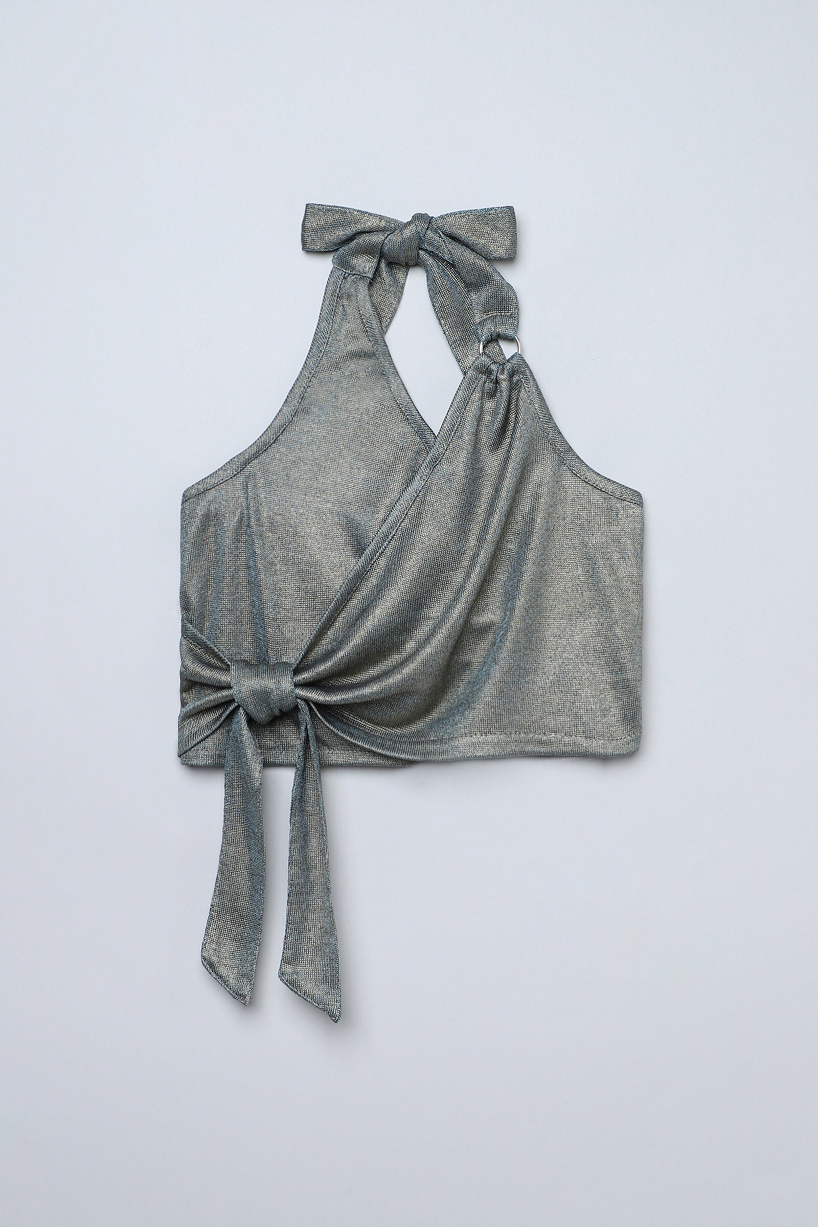 Knit sleeveless shimmer Ring detail halter neck crop top-Teal & Gold