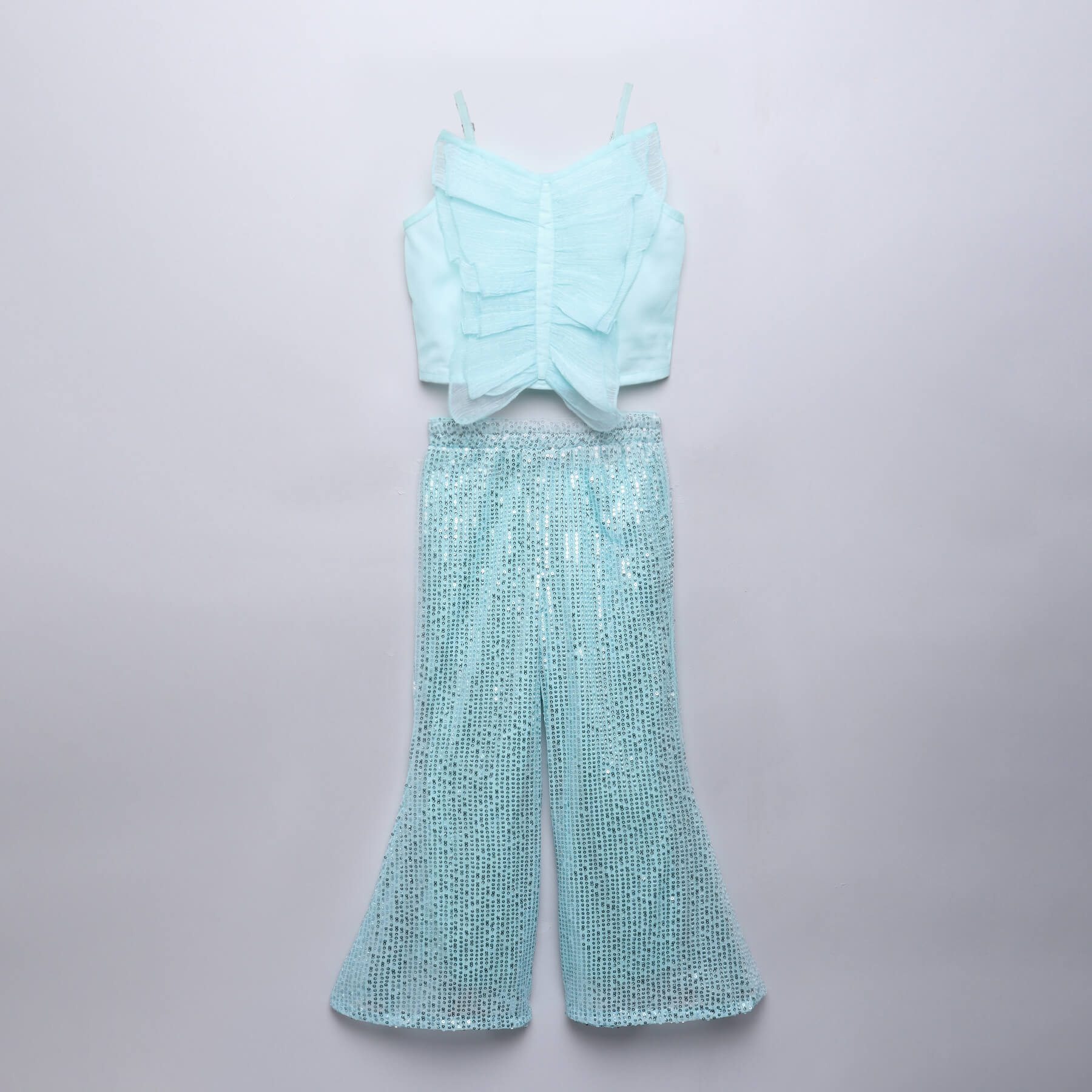 singlet butterfly party crop top and sequins bell bottom pat set-Aquamarine