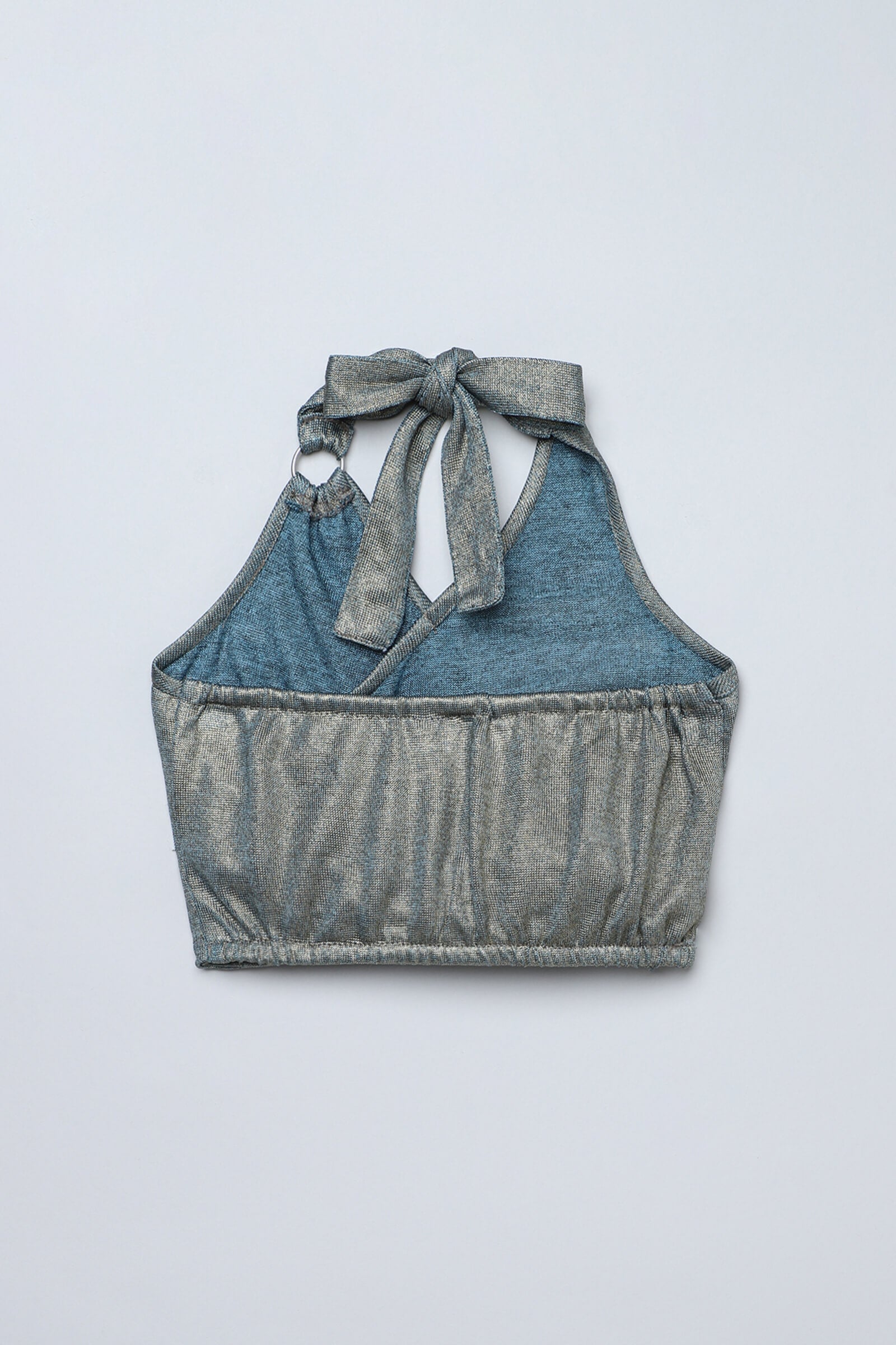 Knit sleeveless shimmer Ring detail halter neck crop top-Teal & Gold