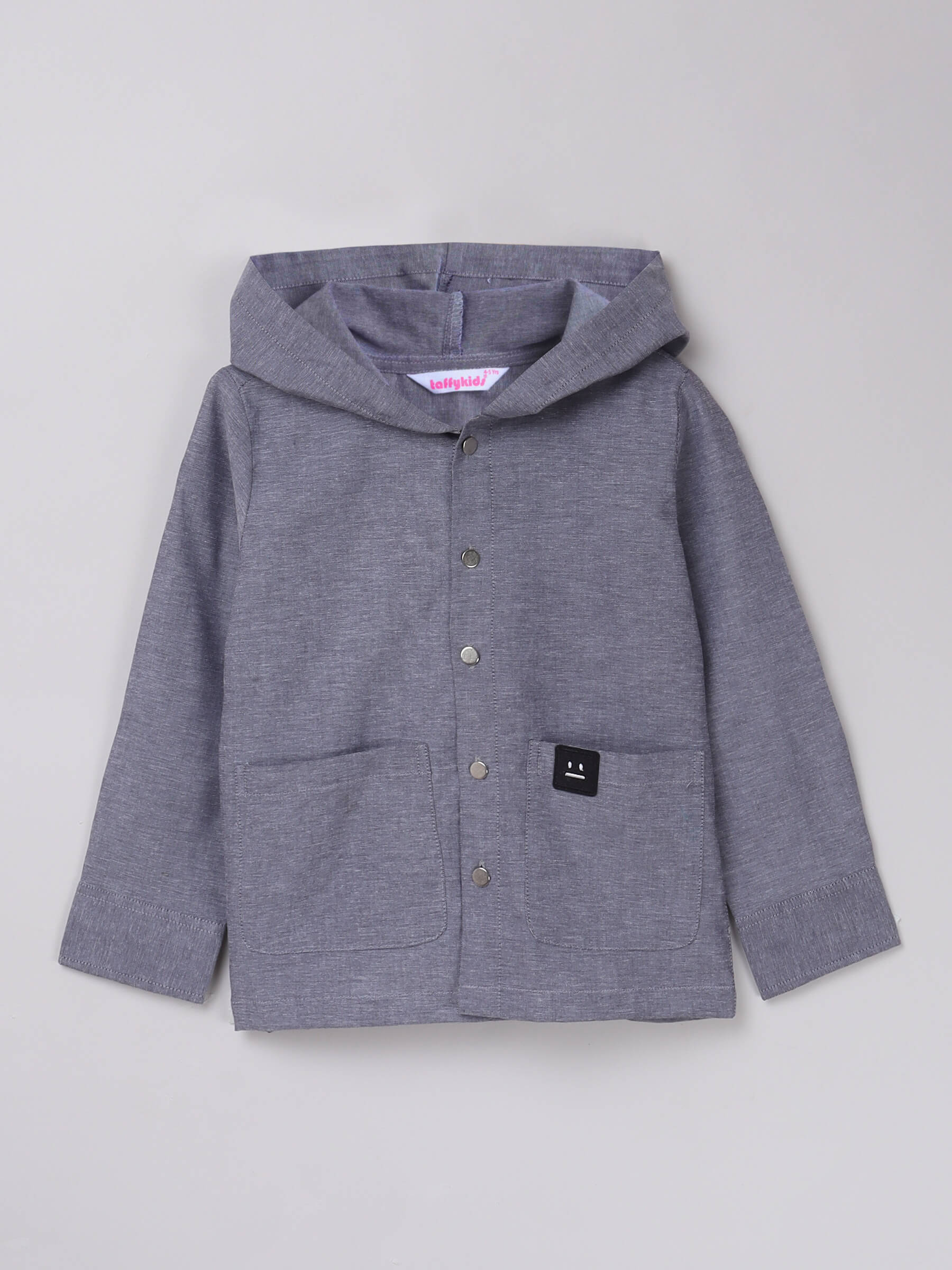 100% cotton Full sleeves badge detail hooded button up shirt-Blue grey