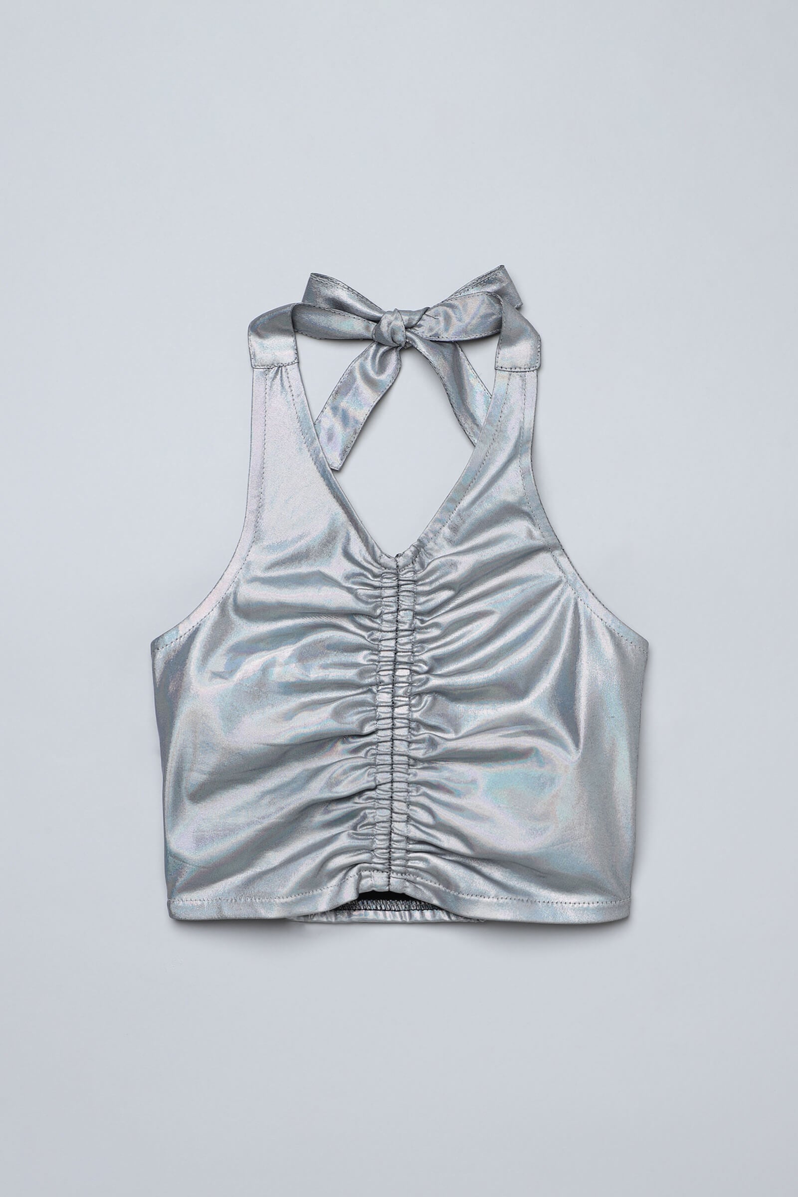 knit sleeveless metallic front ruched halter neck party crop top-Silver