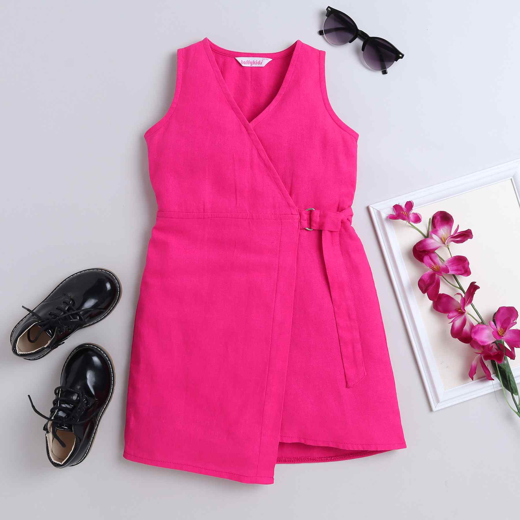 linen solid sleeveless buckle detail wrap dress-Pink