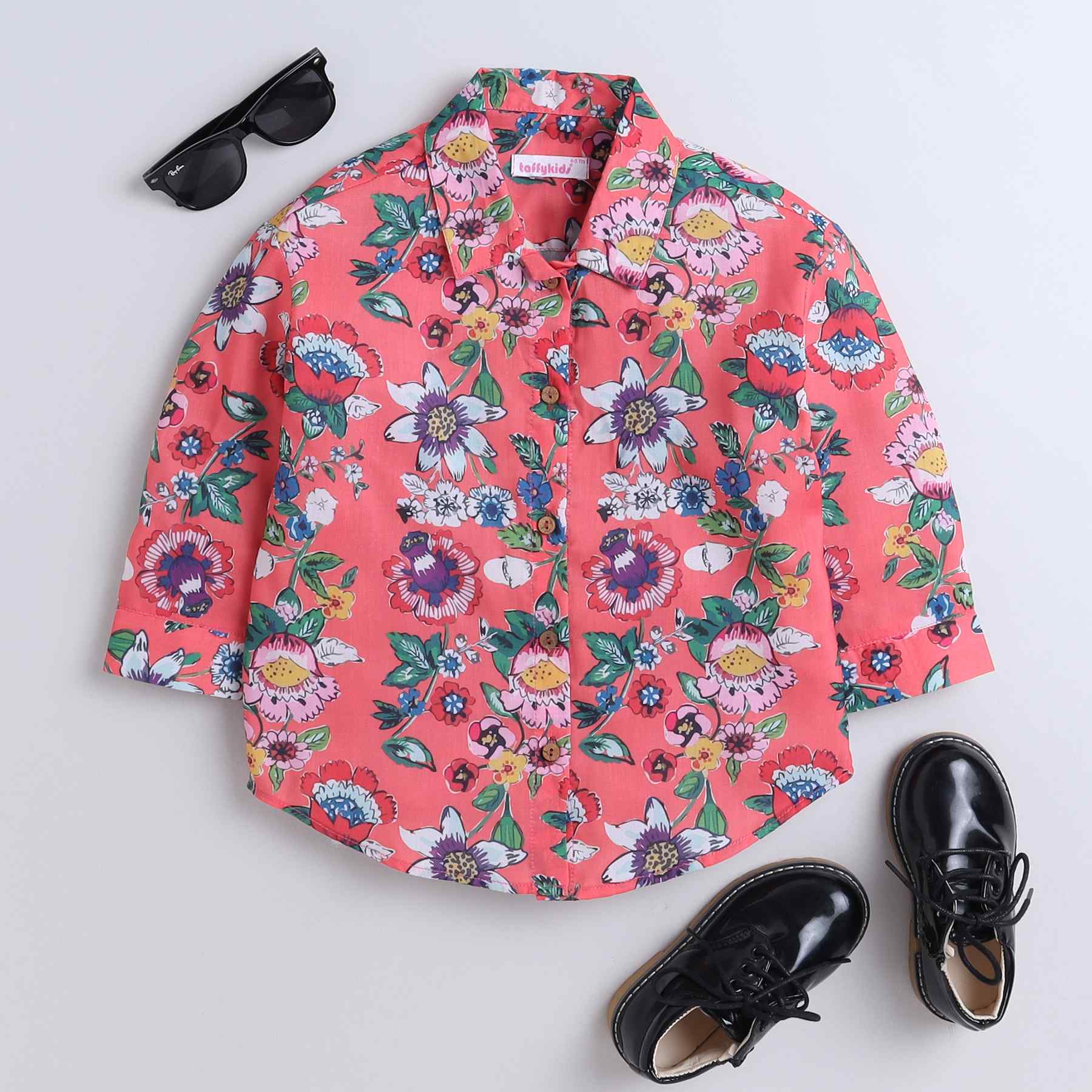 floral printed 3/4 sleeves oversized shirt -multi/coral