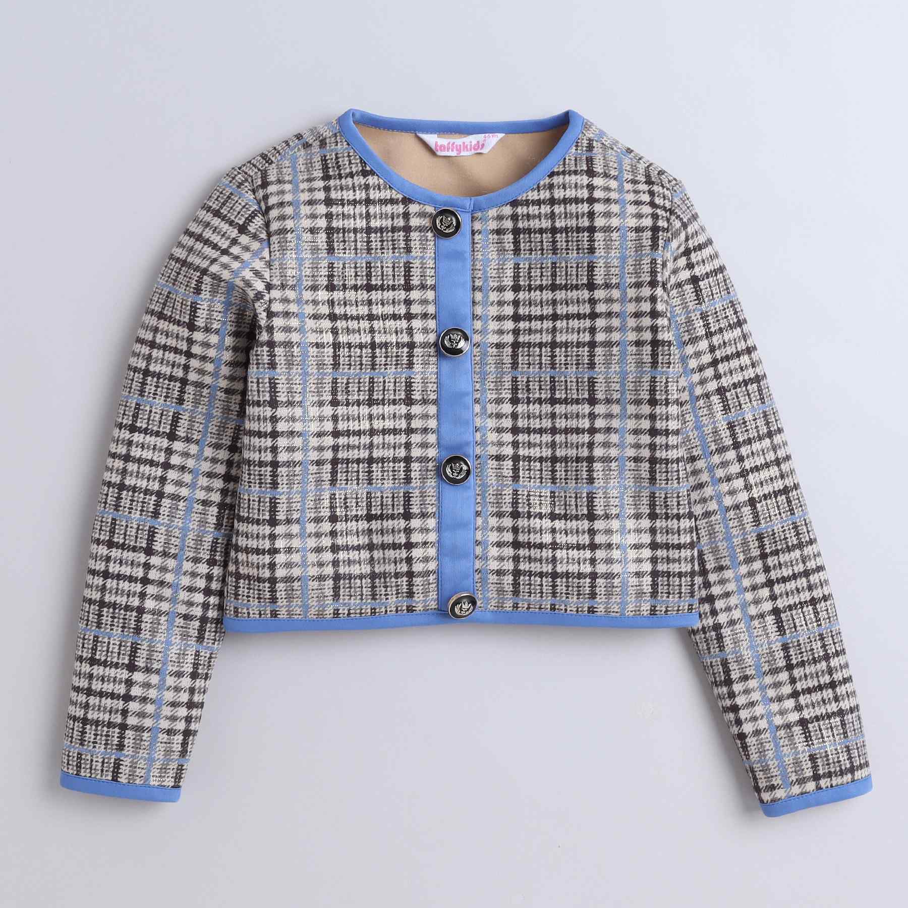 checks printed piping detail full sleeves party crop top and matching skirt set- beige/Blue