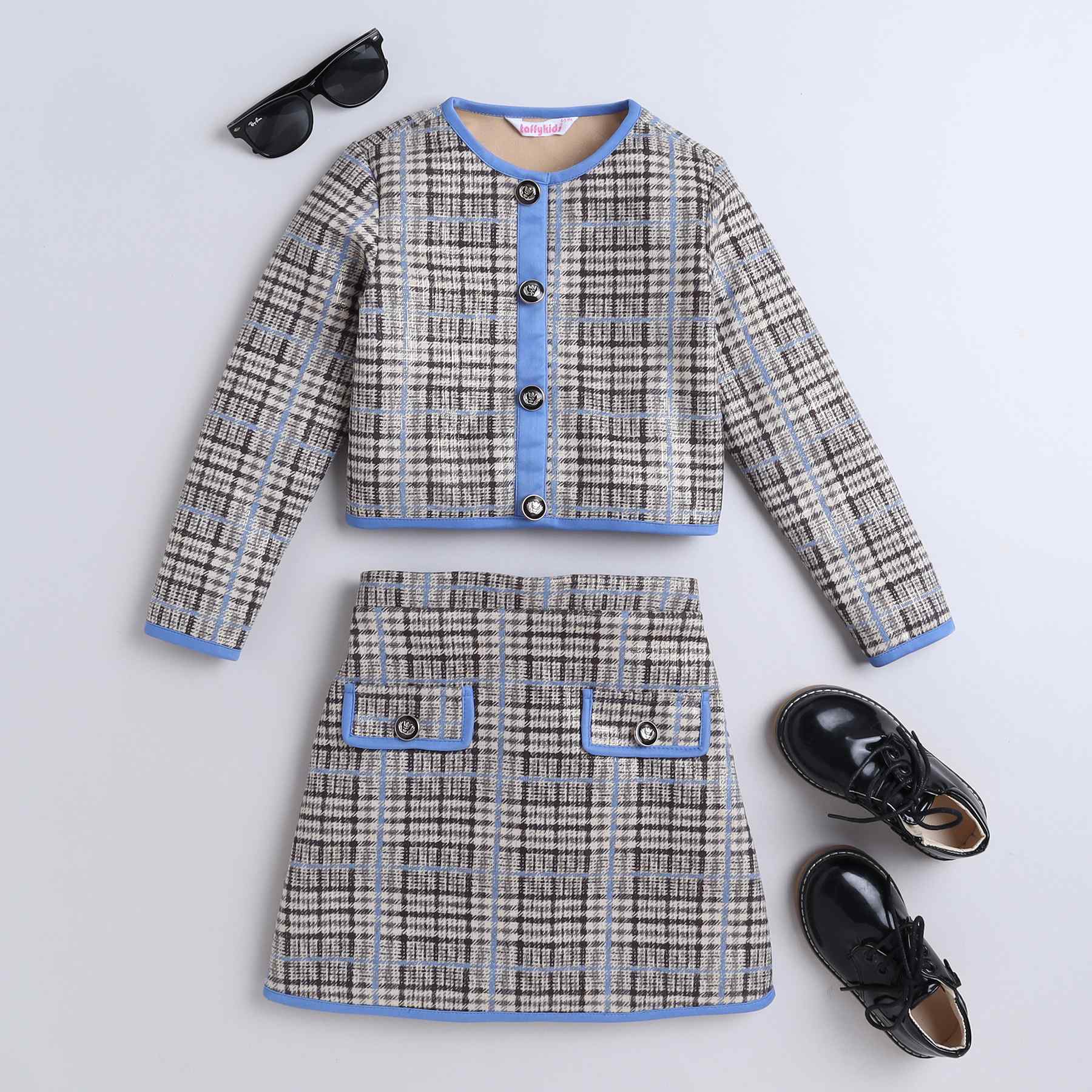 checks printed piping detail full sleeves party crop top and matching skirt set- beige/Blue