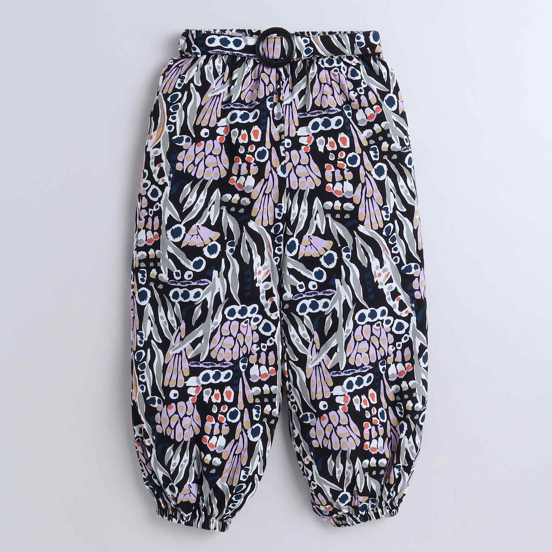 halter neck crop top and abstract printed belt detail rayon jogger pant set-Black/Multi