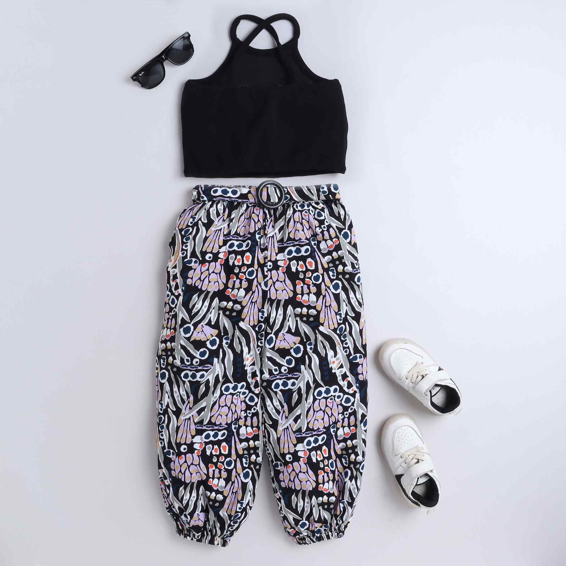 halter neck crop top and abstract printed belt detail rayon jogger pant set-Black/Multi