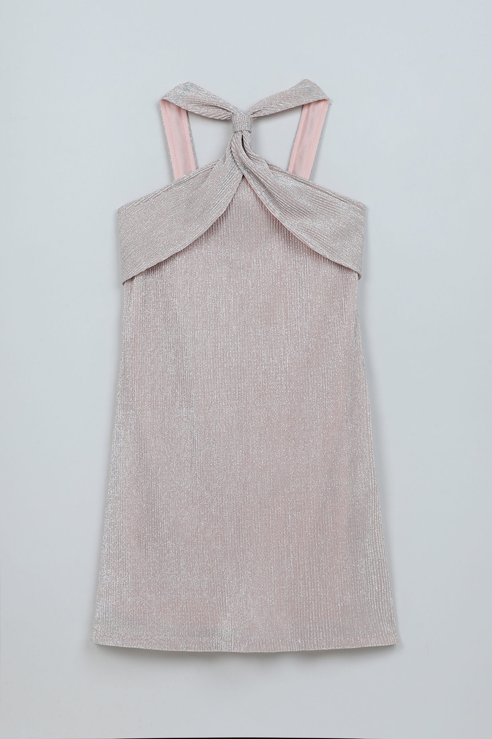 Pleated knit sleeveless halter neck Aline party dress- Pink