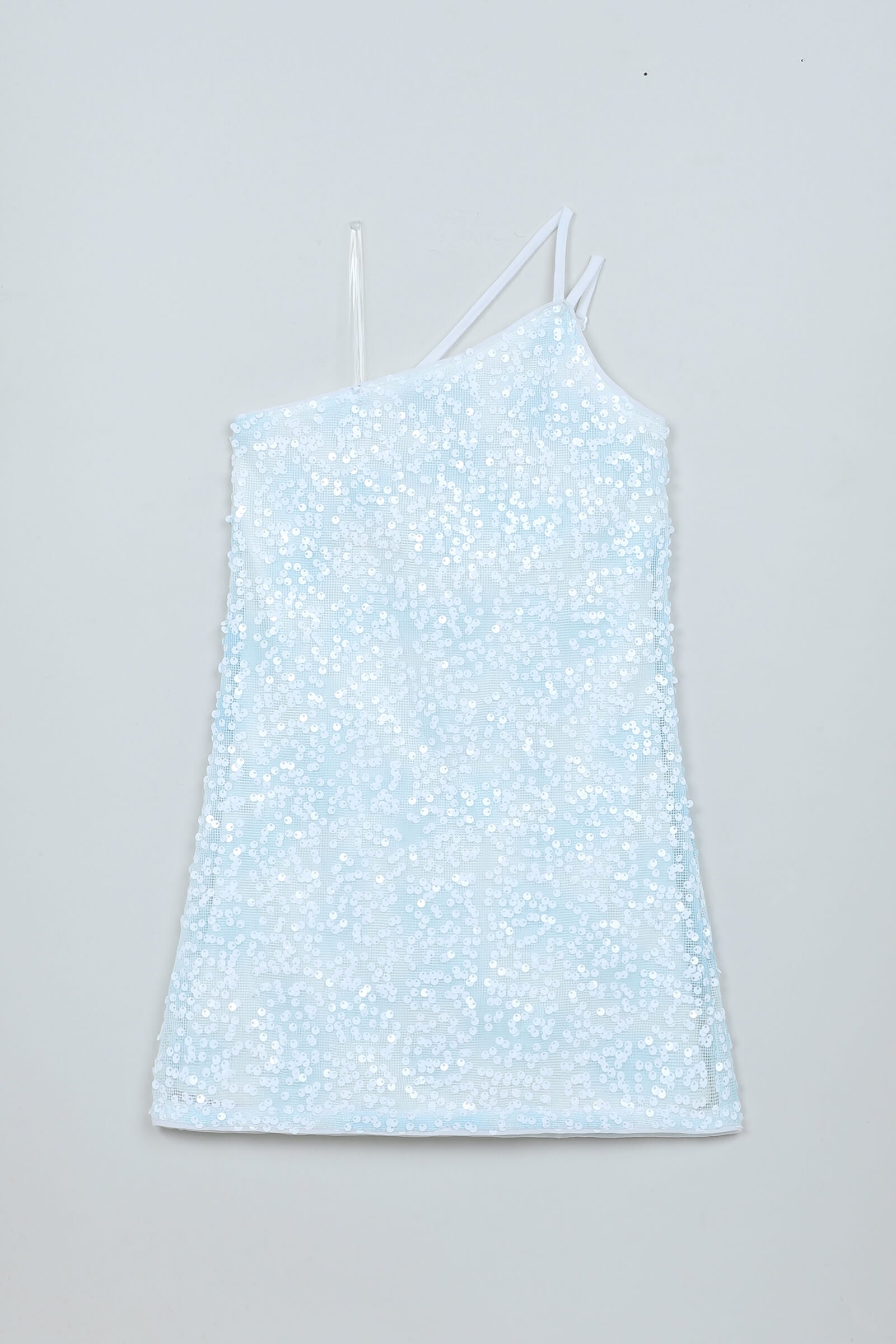 Sequin Embellished Woven Sleeveless One shoulder Party Dress - White and Blue