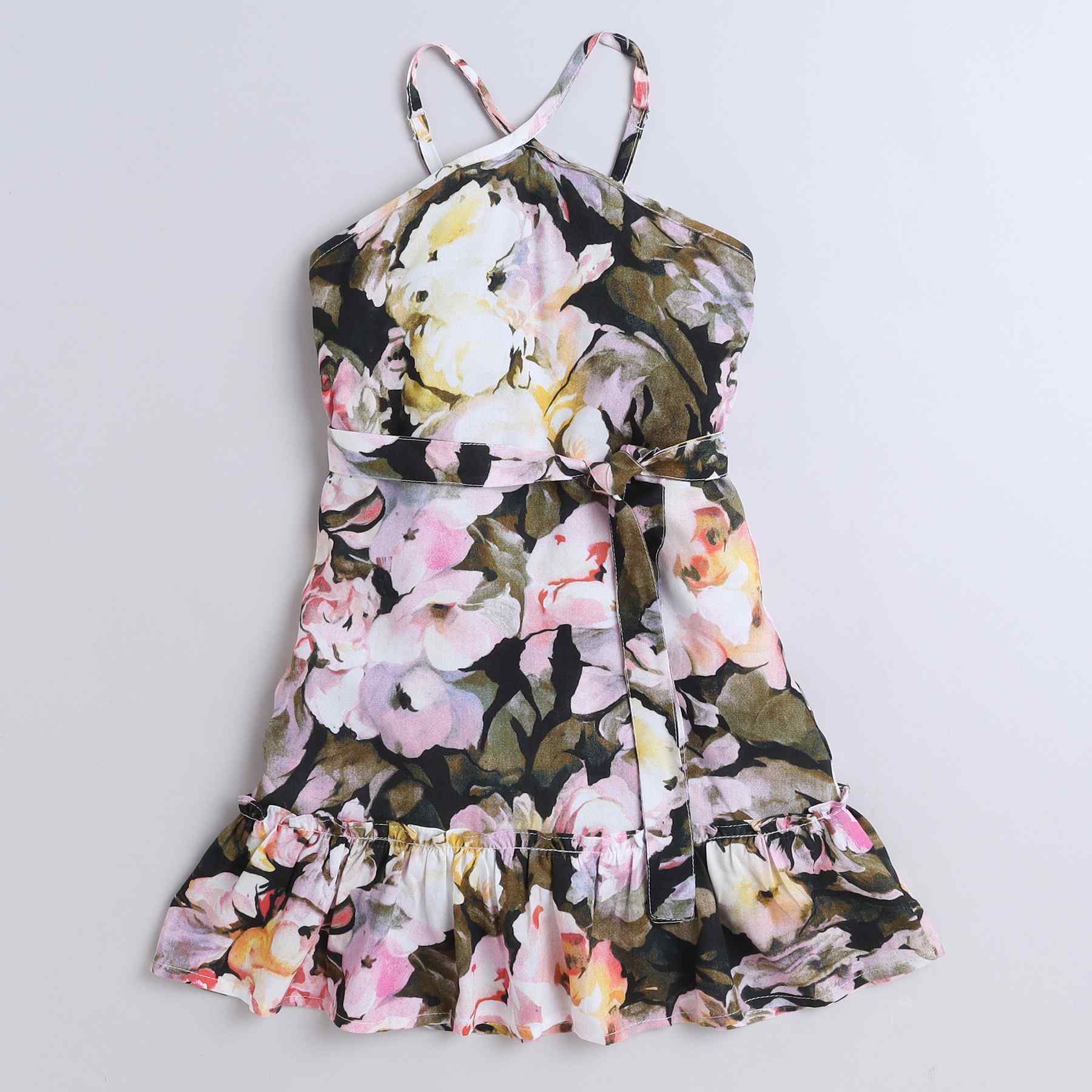 tropical printed Sleeveless halter A-line dress with tie-up belt-Multi