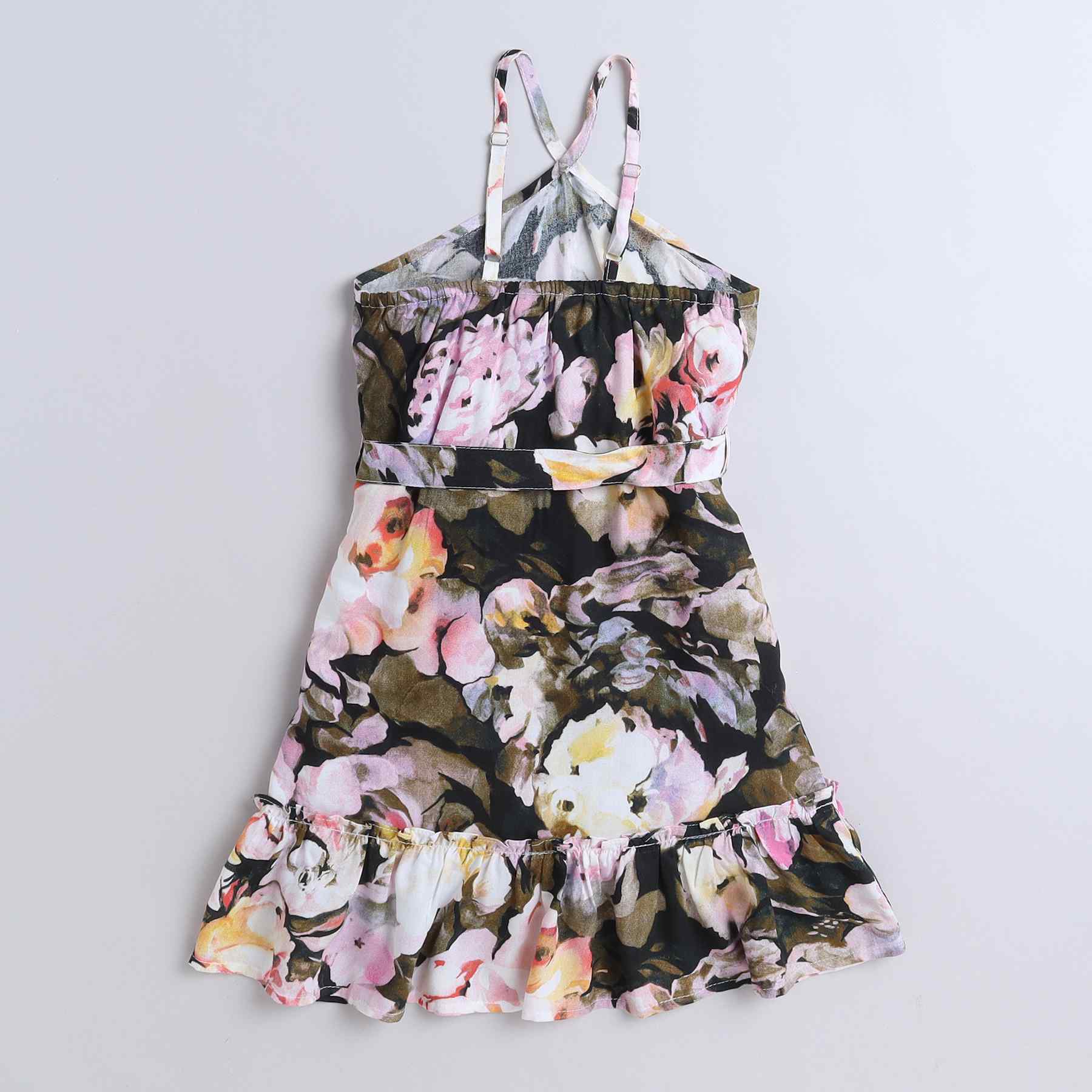 tropical printed Sleeveless halter A-line dress with tie-up belt-Multi