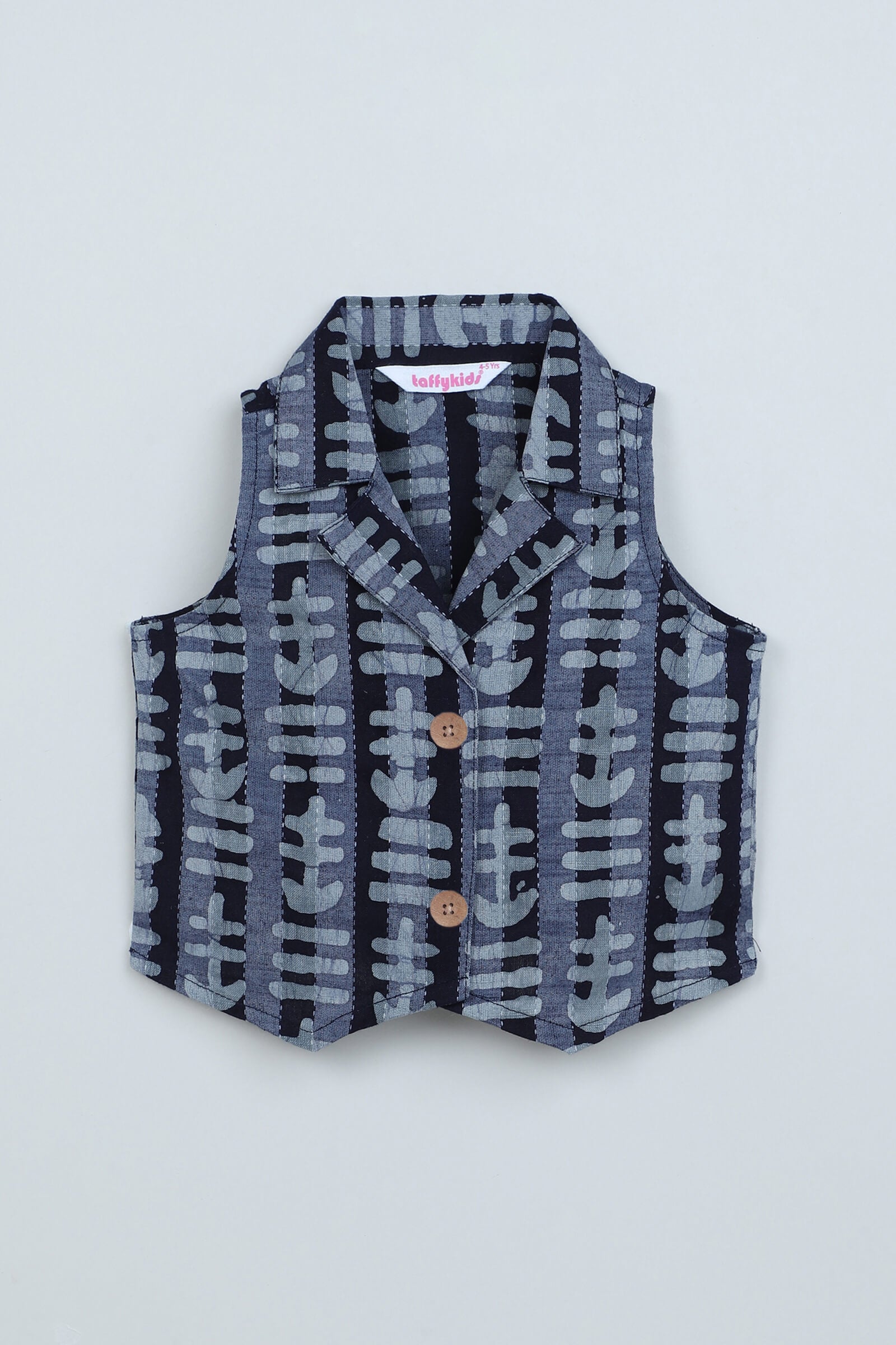 100% cotton woven sleeveless abstract printed collared crop vest Top- Navy