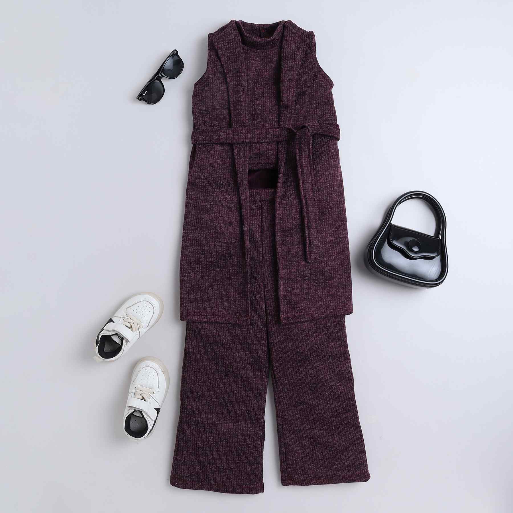 sleeveless belt detail long jacket with matching pant and high neck crop top set-dark Mauve