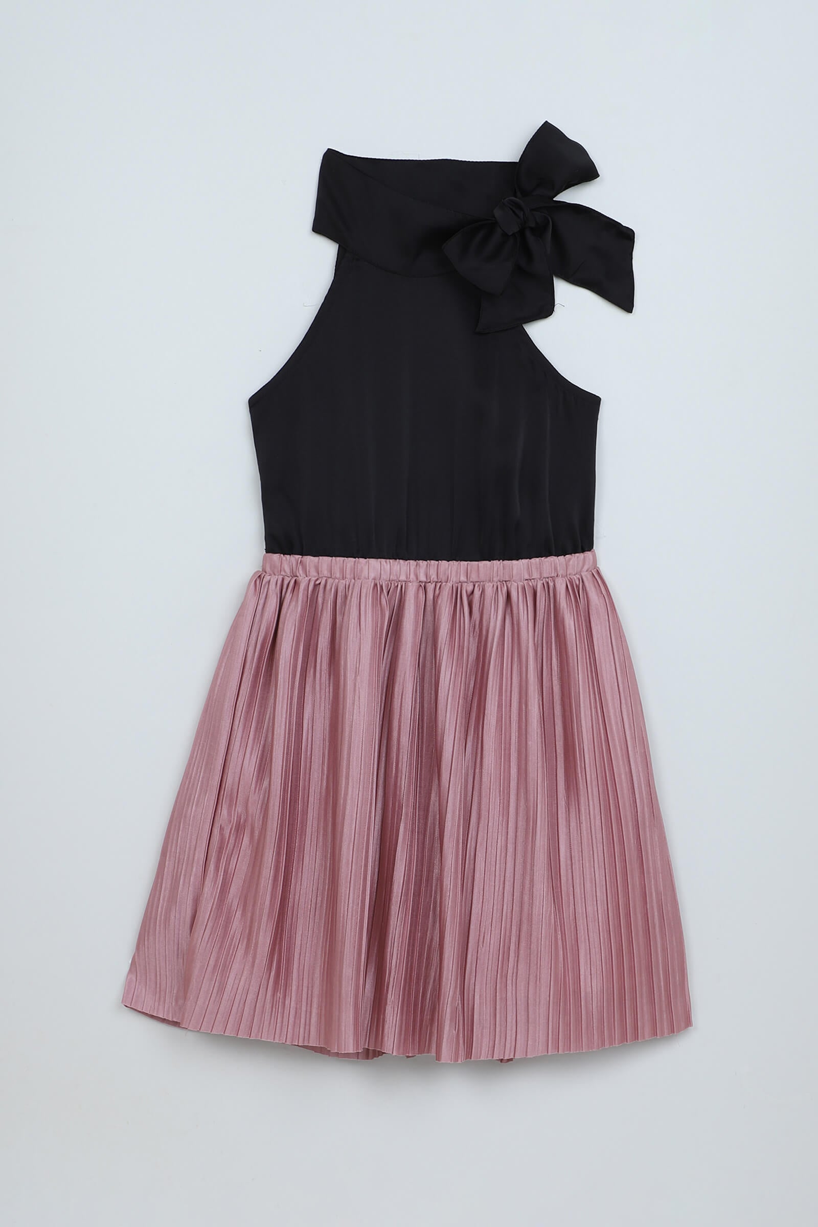 pleated woven sleeveless neck tie halter dress-  Black & Onion pink