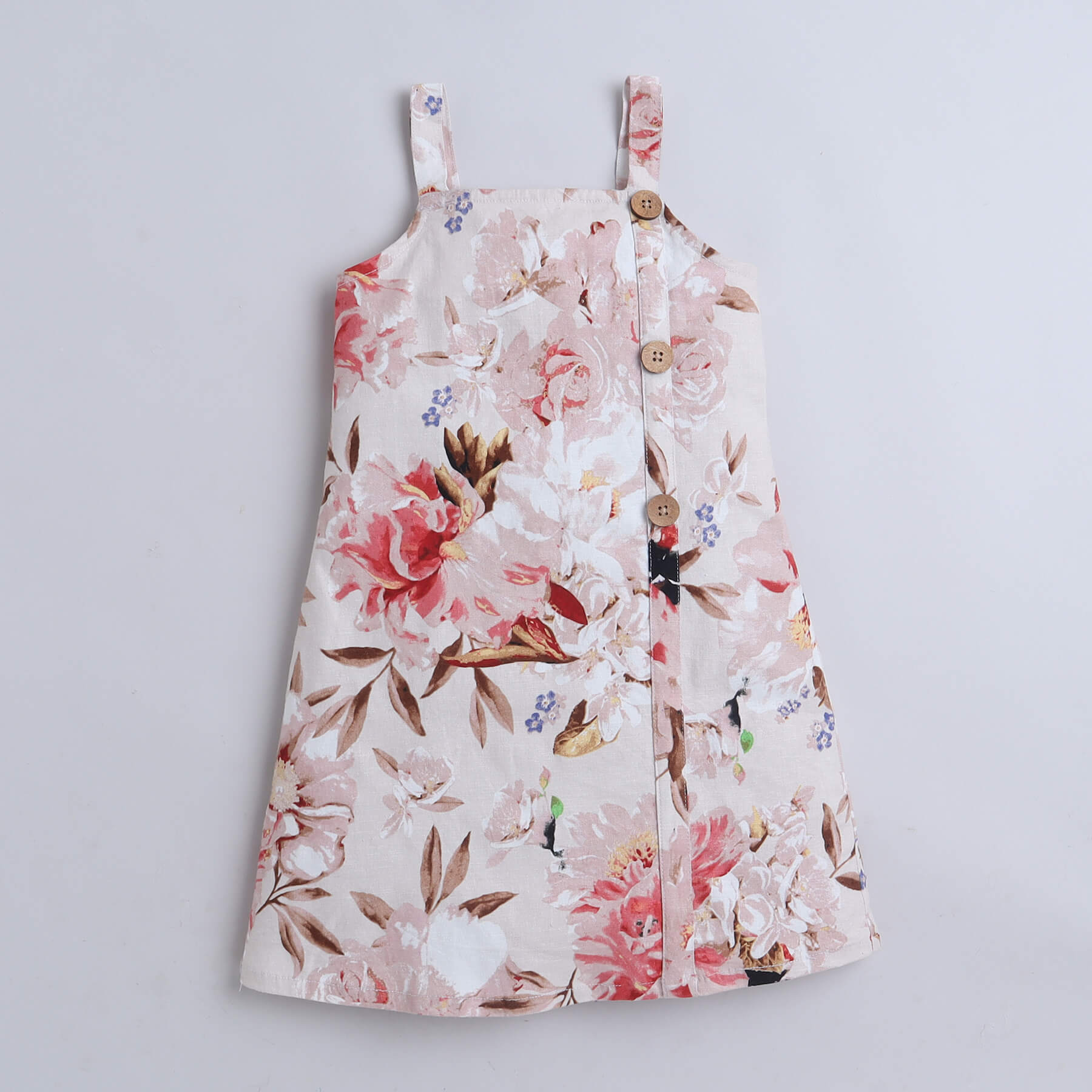 Floral Printed button detailed pinafore dress with Solid cap sleeves crop top-Beige/White