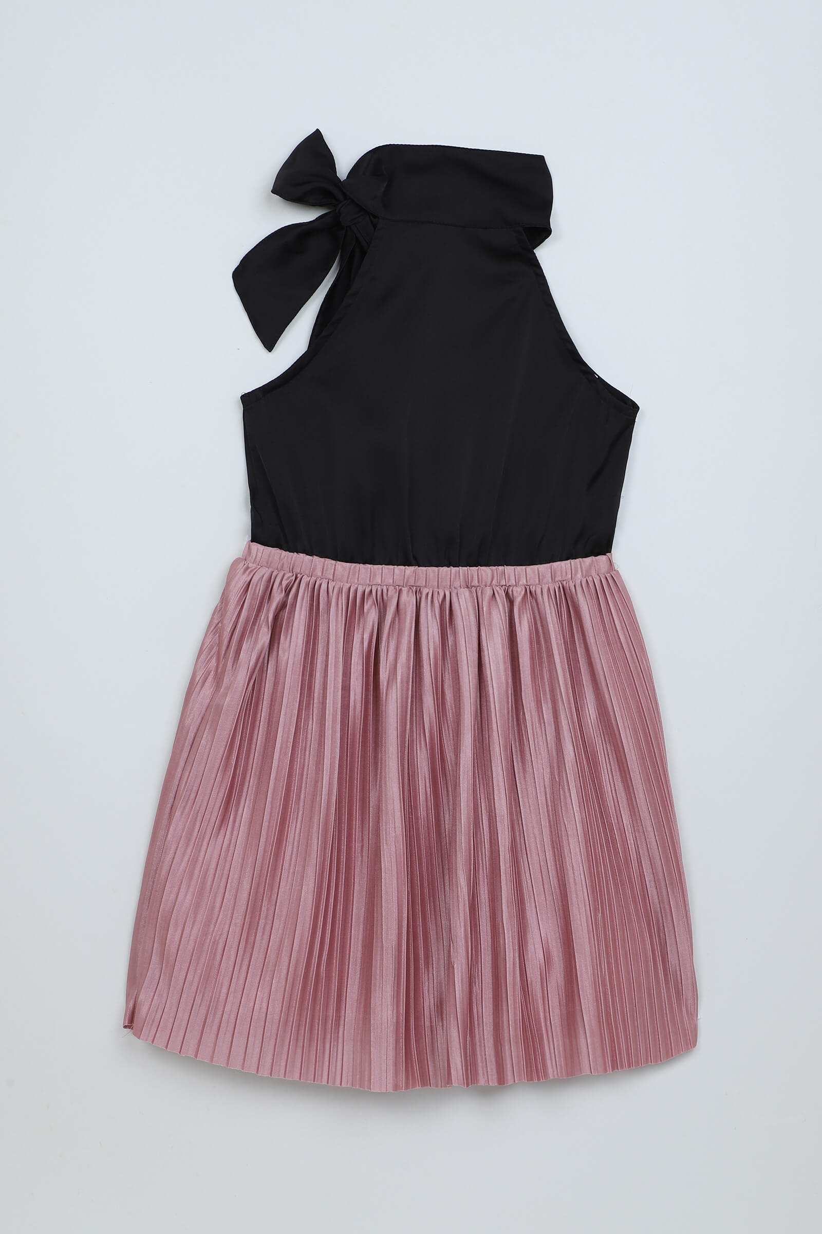 pleated woven sleeveless neck tie halter dress-  Black & Onion pink