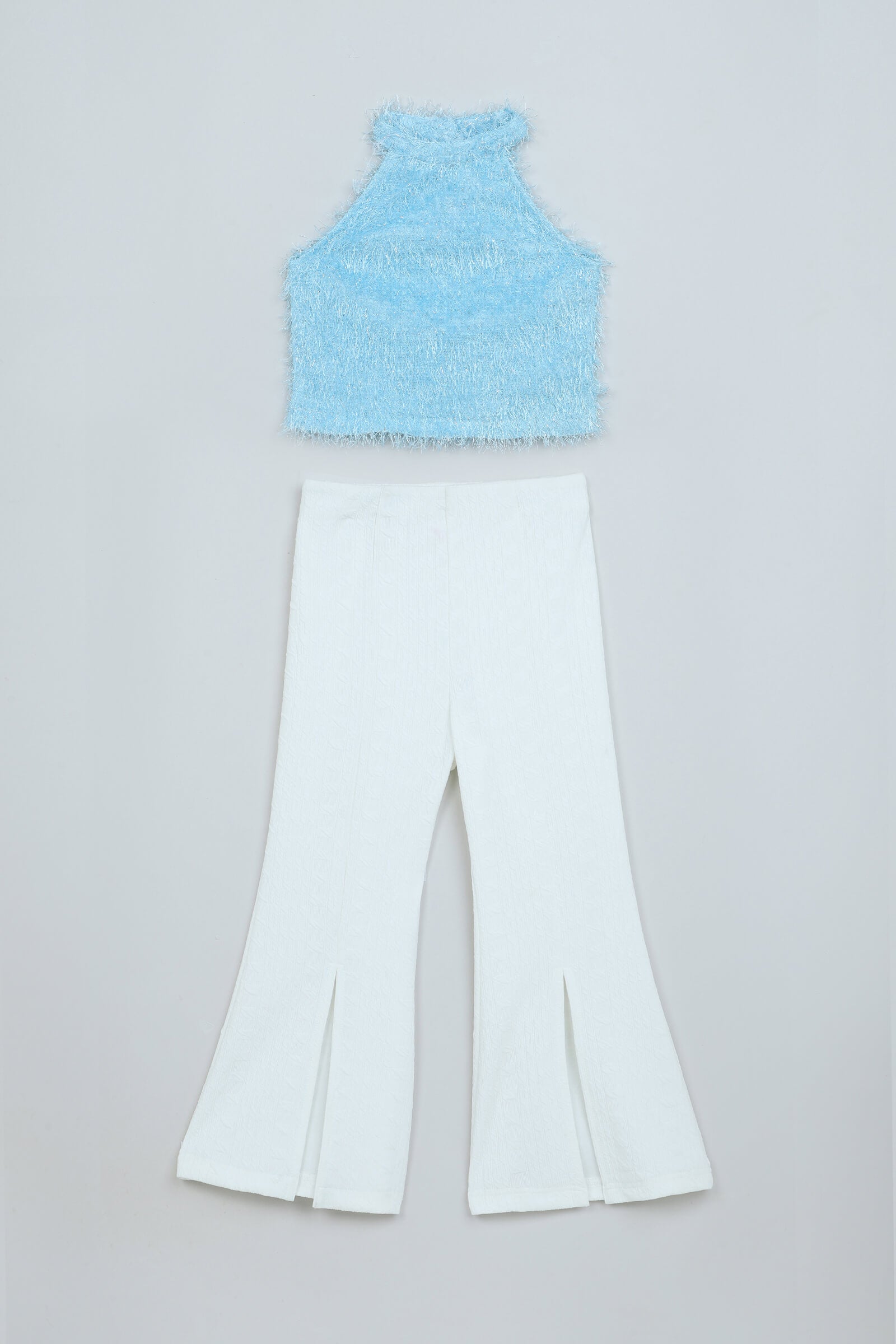 fur knit sleeveless halter crop top and Texture bell bottom pant set- Blue & white