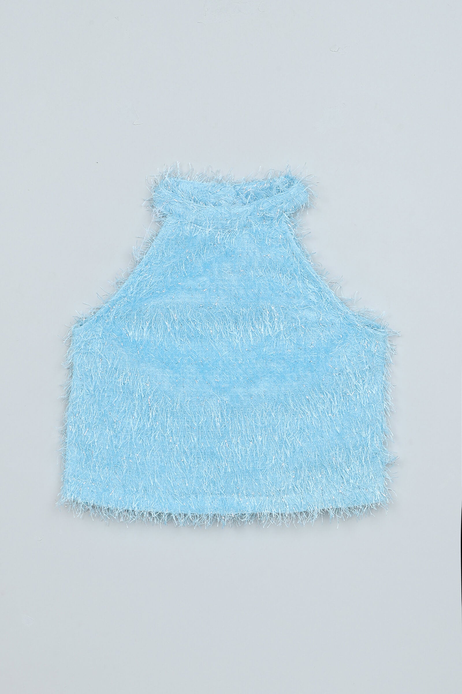 fur knit sleeveless halter crop top and Texture bell bottom pant set- Blue & white