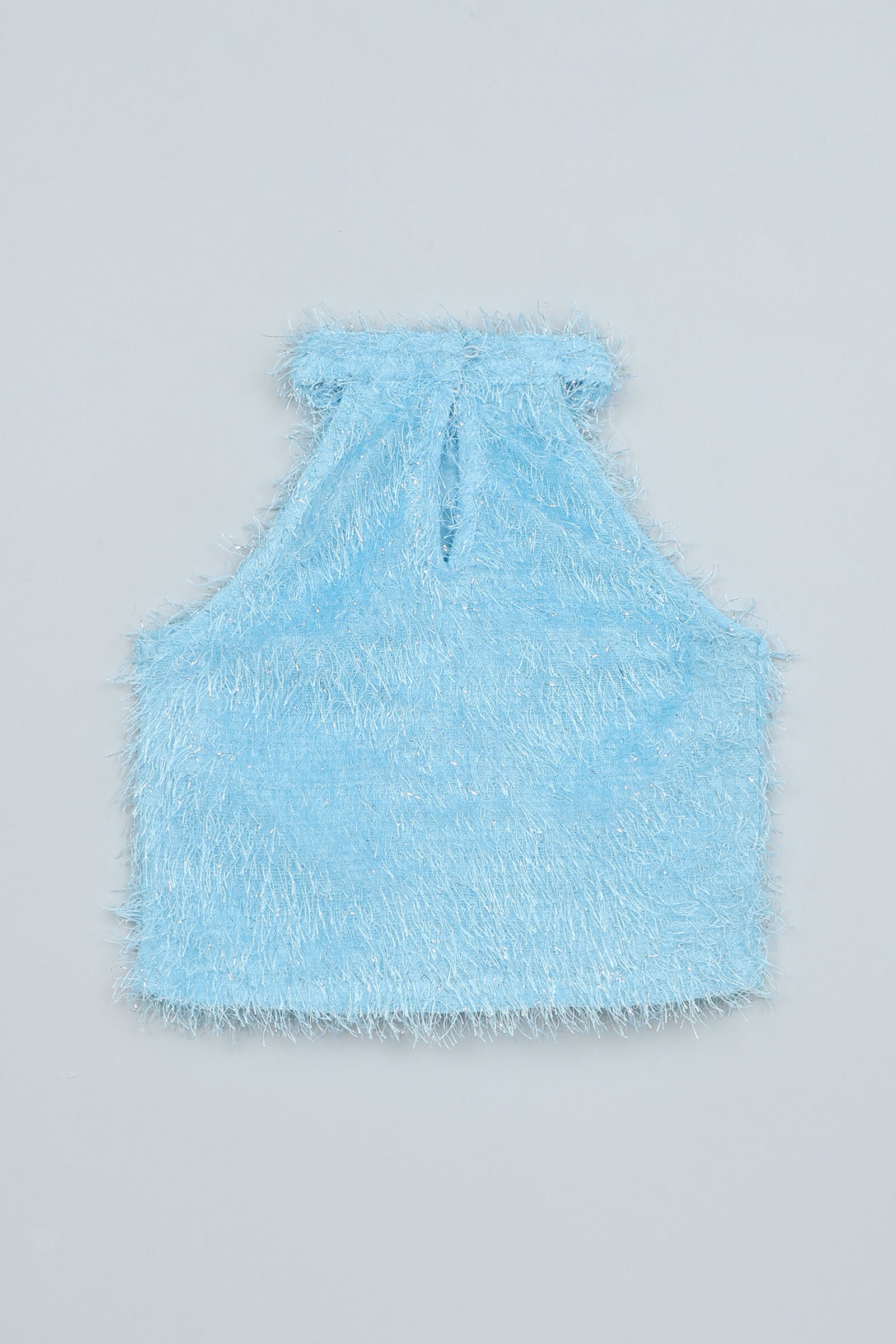 fur knit sleeveless halter crop top and Texture bell bottom pant set- Blue & white