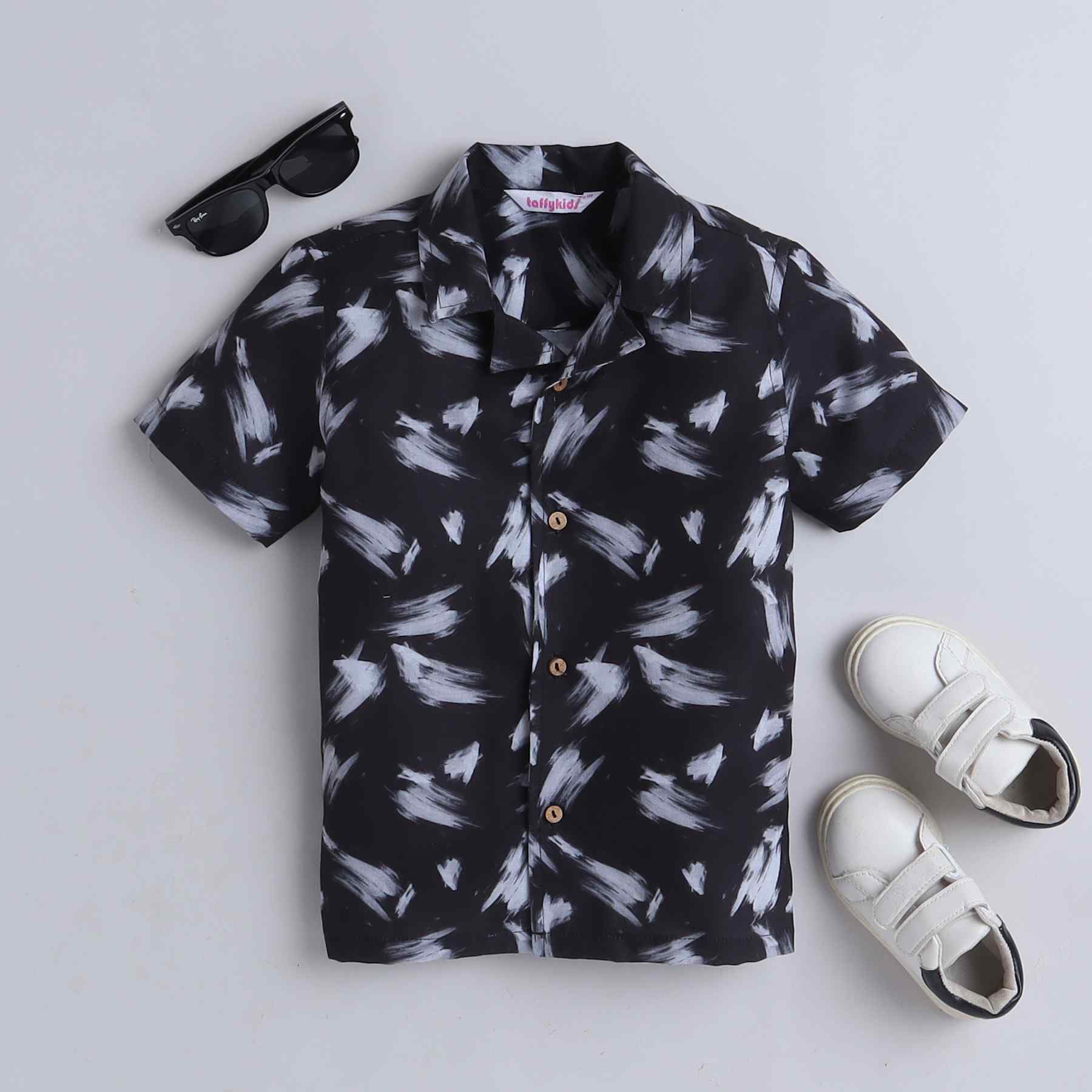 Brush stroke printed half sleeves shirt-Black/Grey