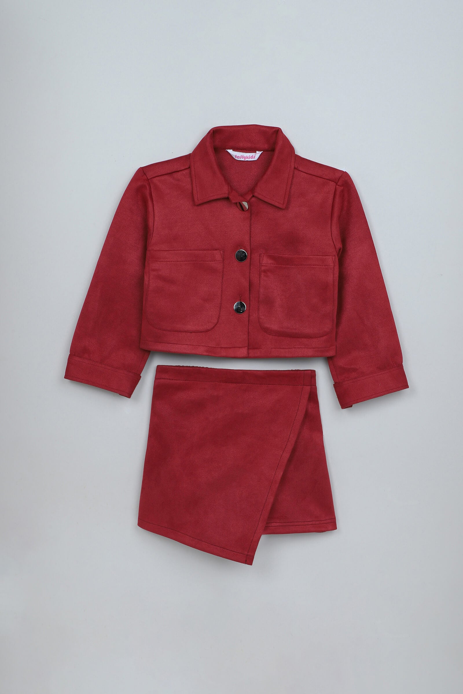 Suede Pocket detail Jacket and Matching Skort Set - Red