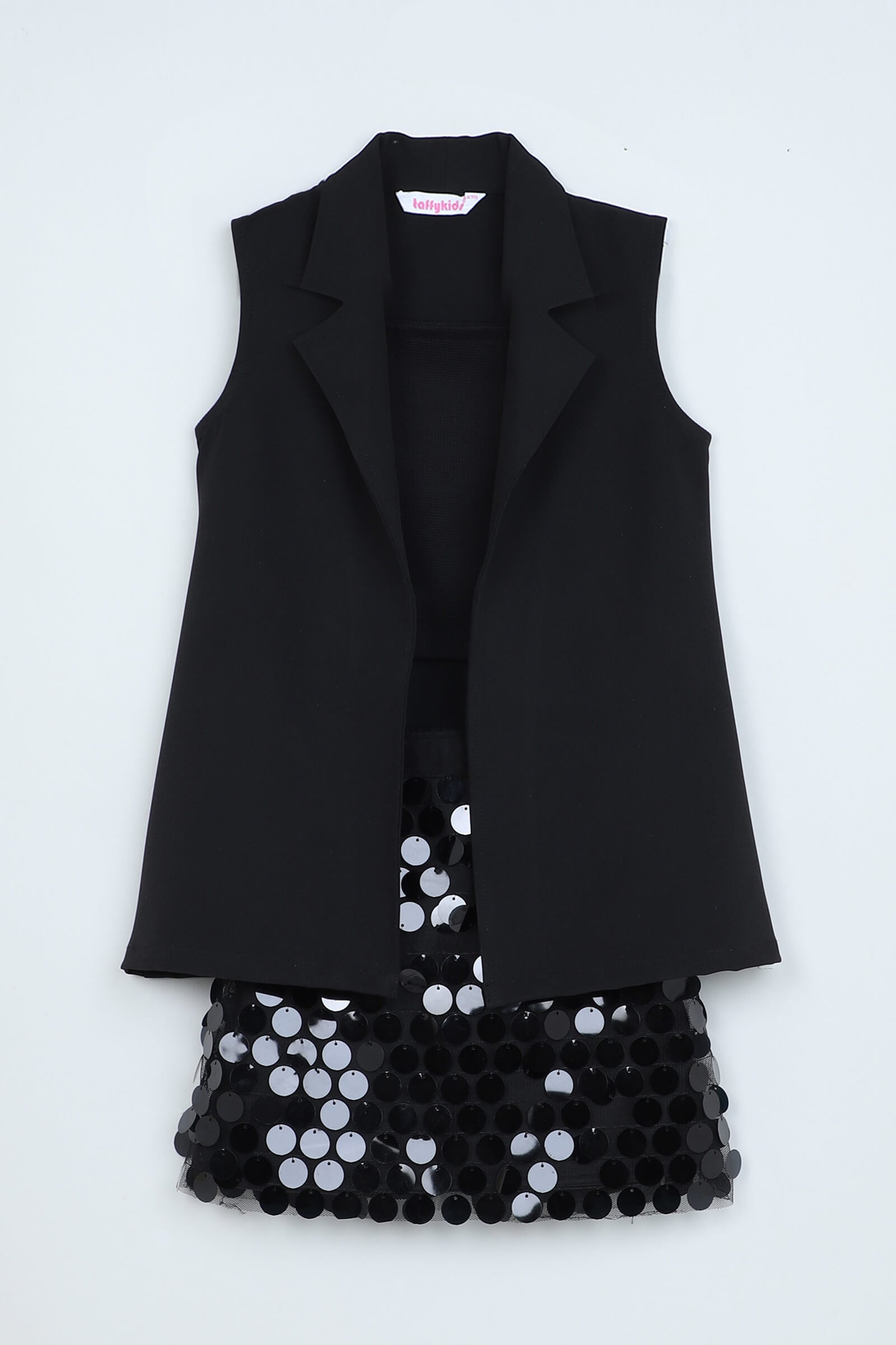 Woven Sleeveless Long Jacket with Sequin Skirt and Inner- Black
