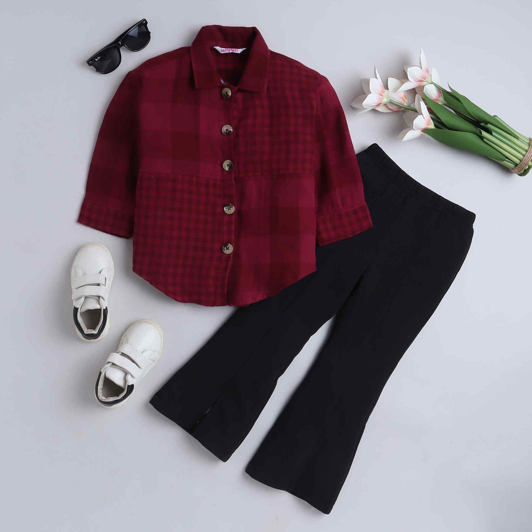 oversize check cut and sew shirt with solid bell bottom pants-wine