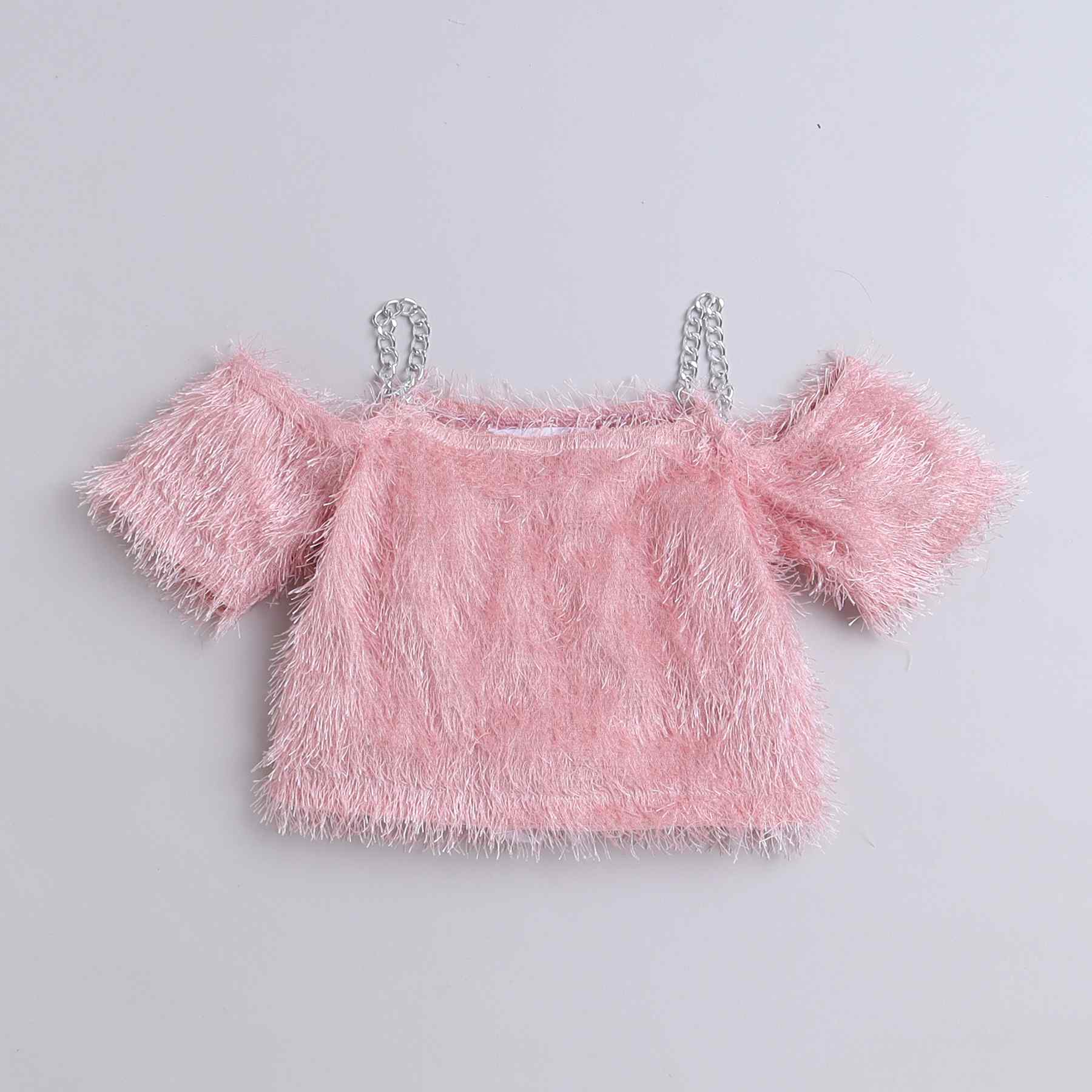 fur off shoulder chain detail party crop top with zipper and pocket detail bell bottom pant set-Peach