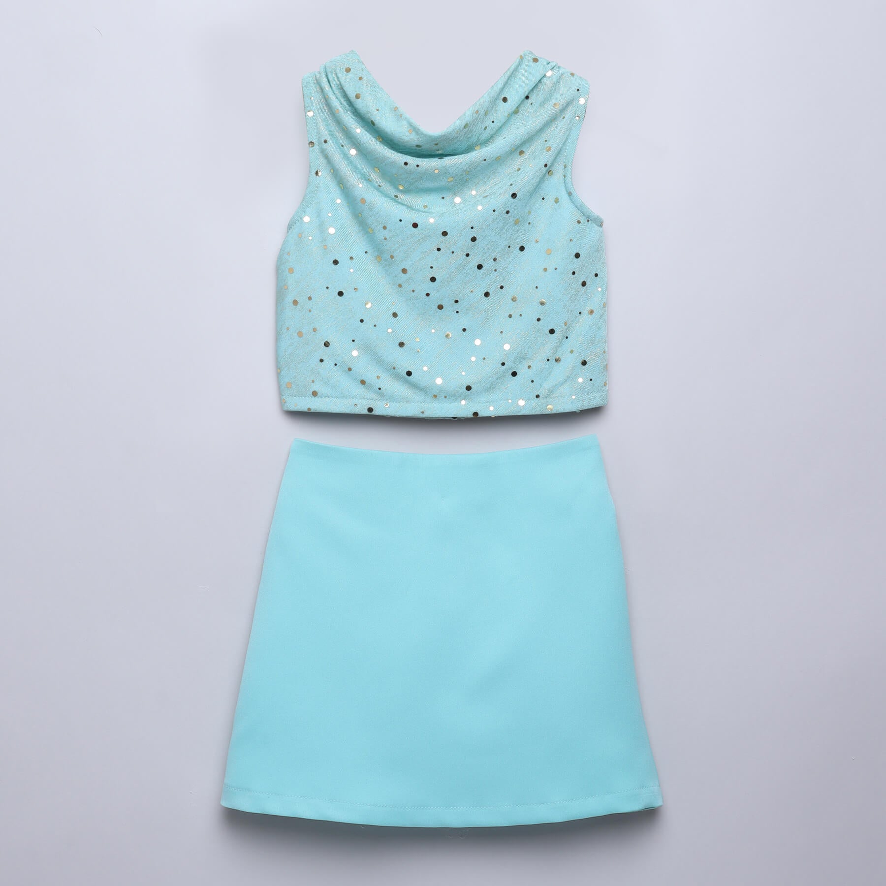 Foil printed cowl neck tie up crop top with Solid skirt set-Aqua green