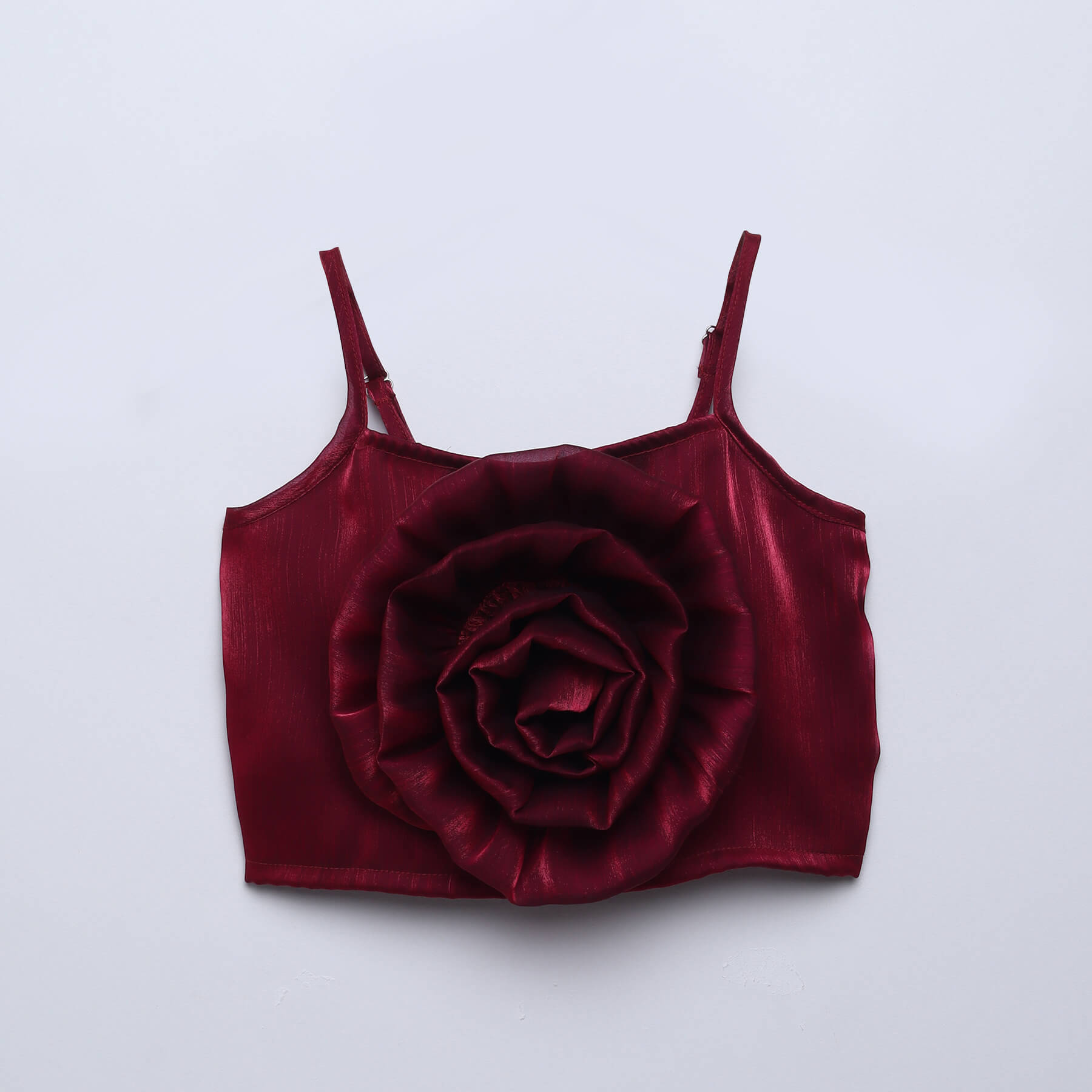 Organza Rose Detail Singlet Party Crop Top And Circle Skirt Set-Wine & Black