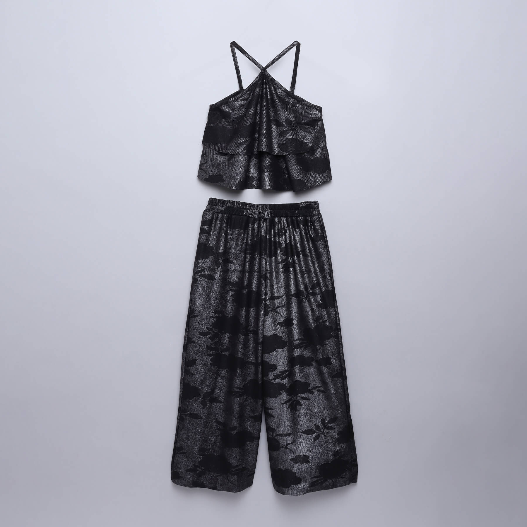 Foil printed halter neck ruffled party crop top and Pant set-Black/Silver