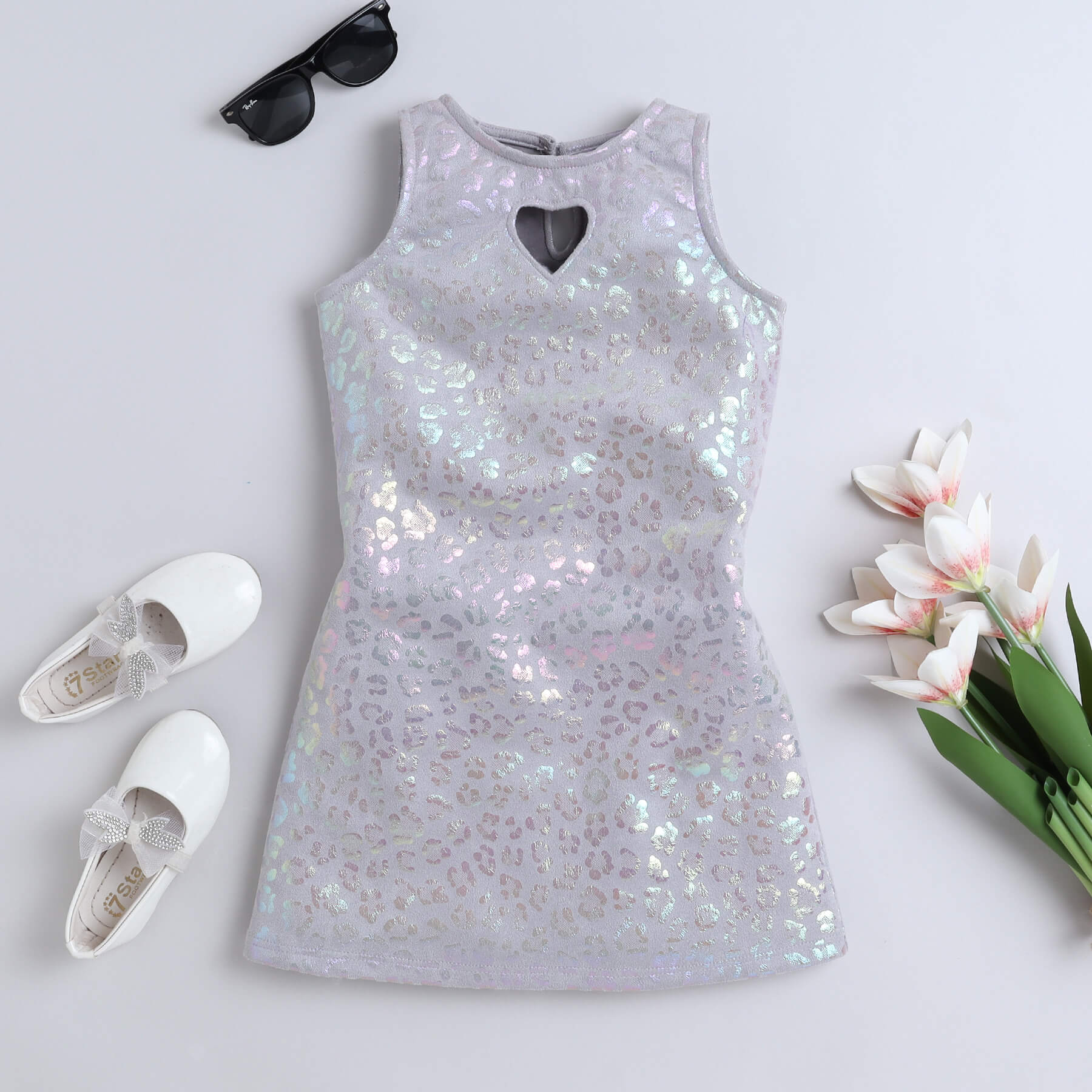 foil Animal printed heart shape cut out detail Aline party dress-Grey