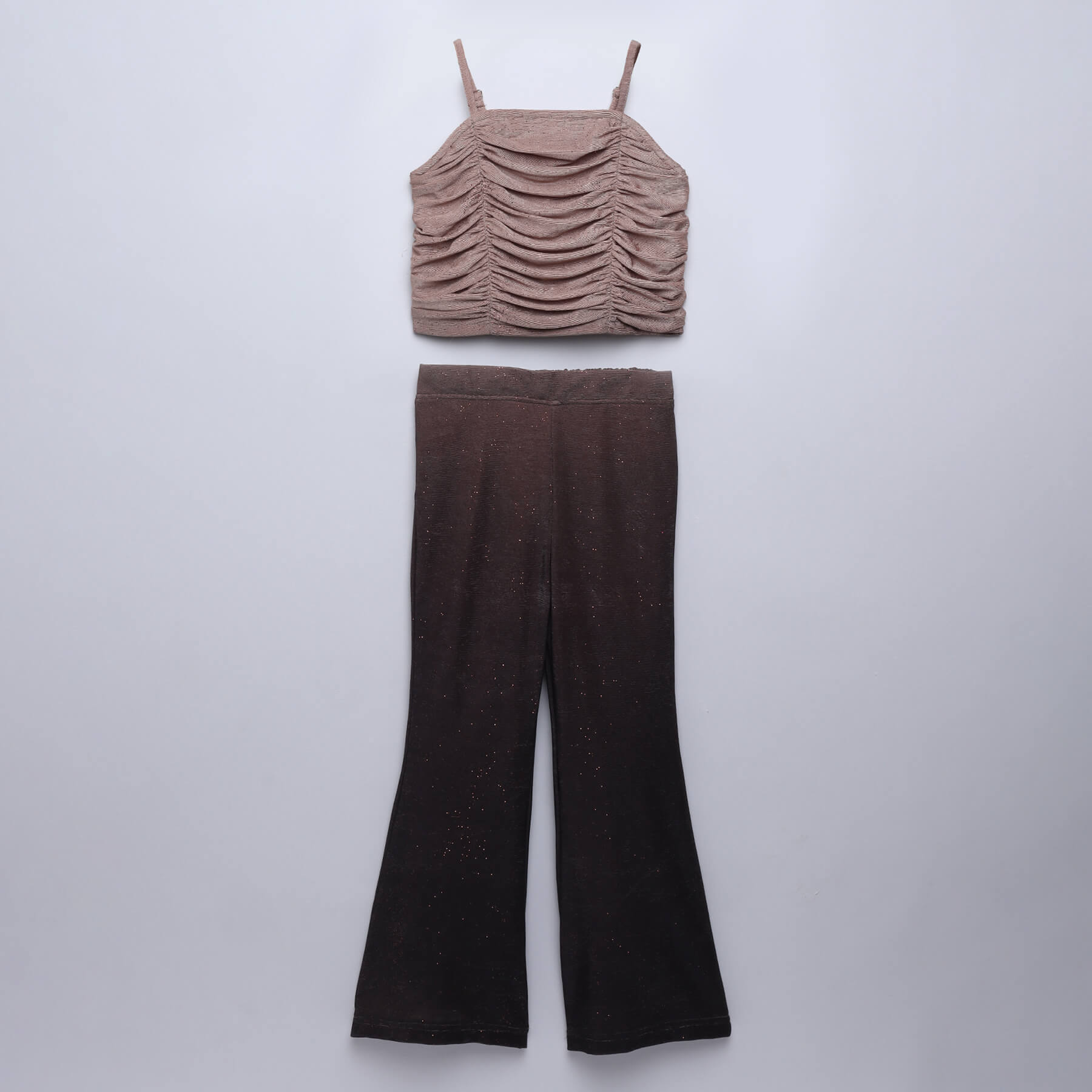 Ombre rushed Party top with matching bell bottom pant set-Tan/brown