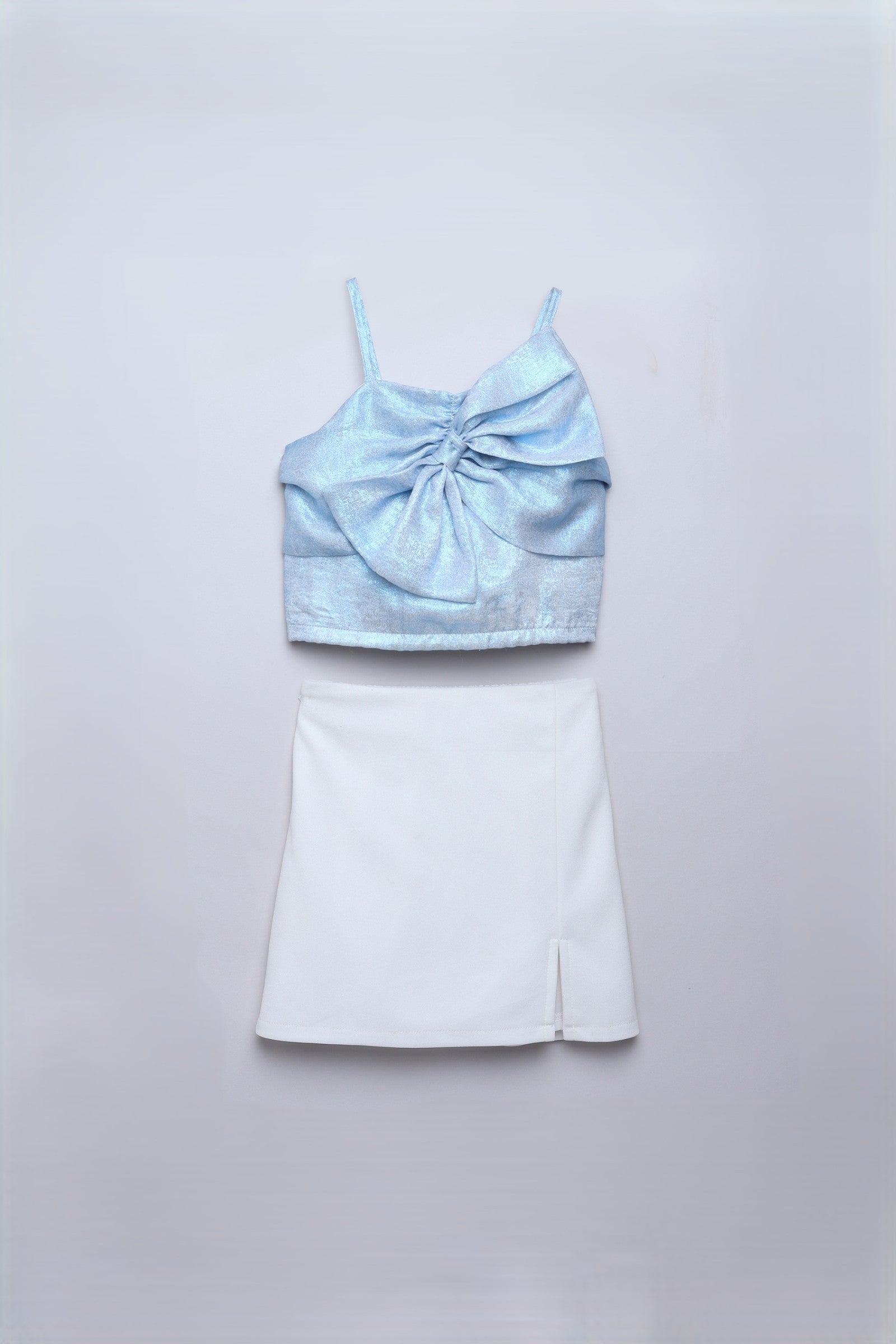 Foil printed bow detail party crop top and Slit skirt set-Blue/White