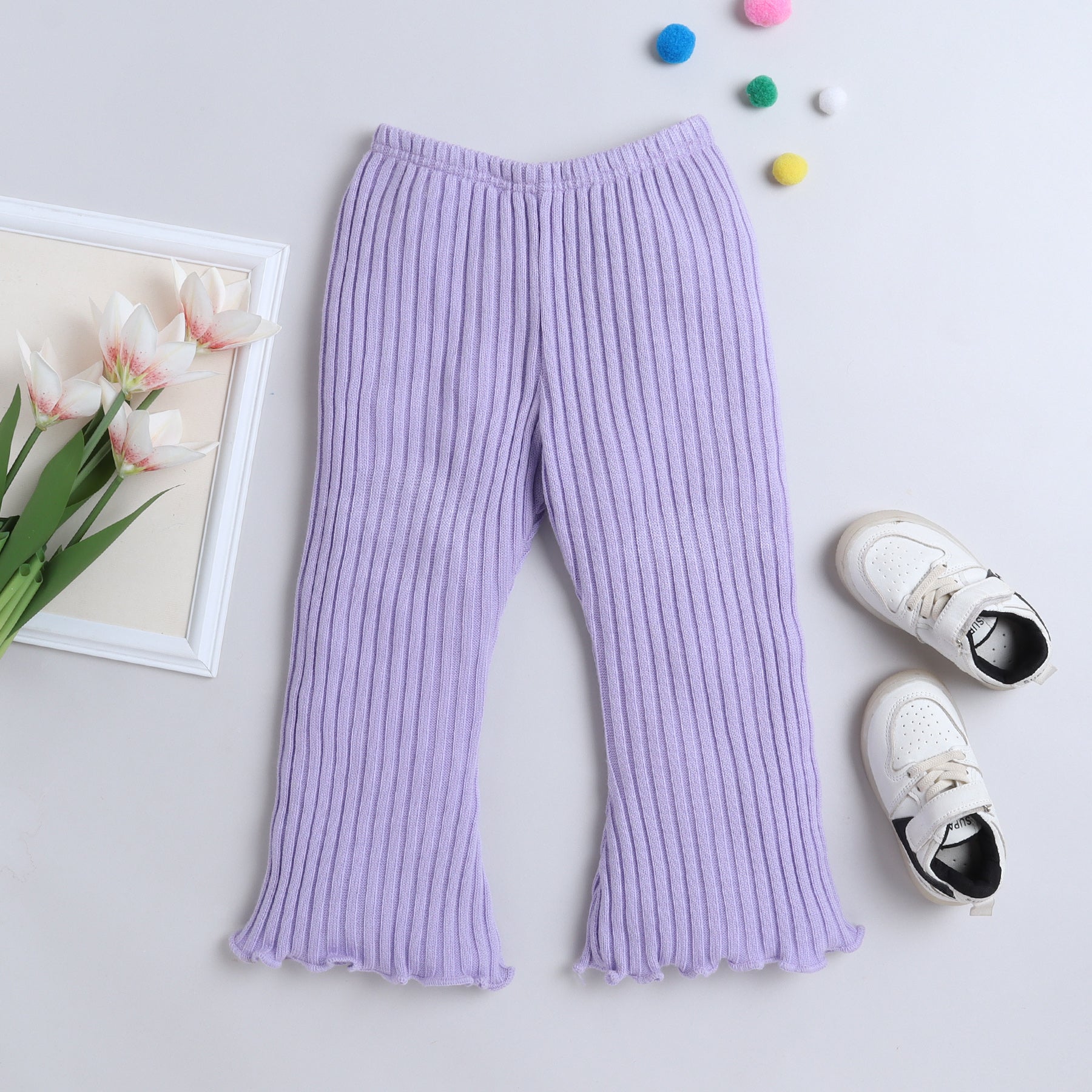 Full Length Solid Sweater Knit Woollen rib Pants - Lilac