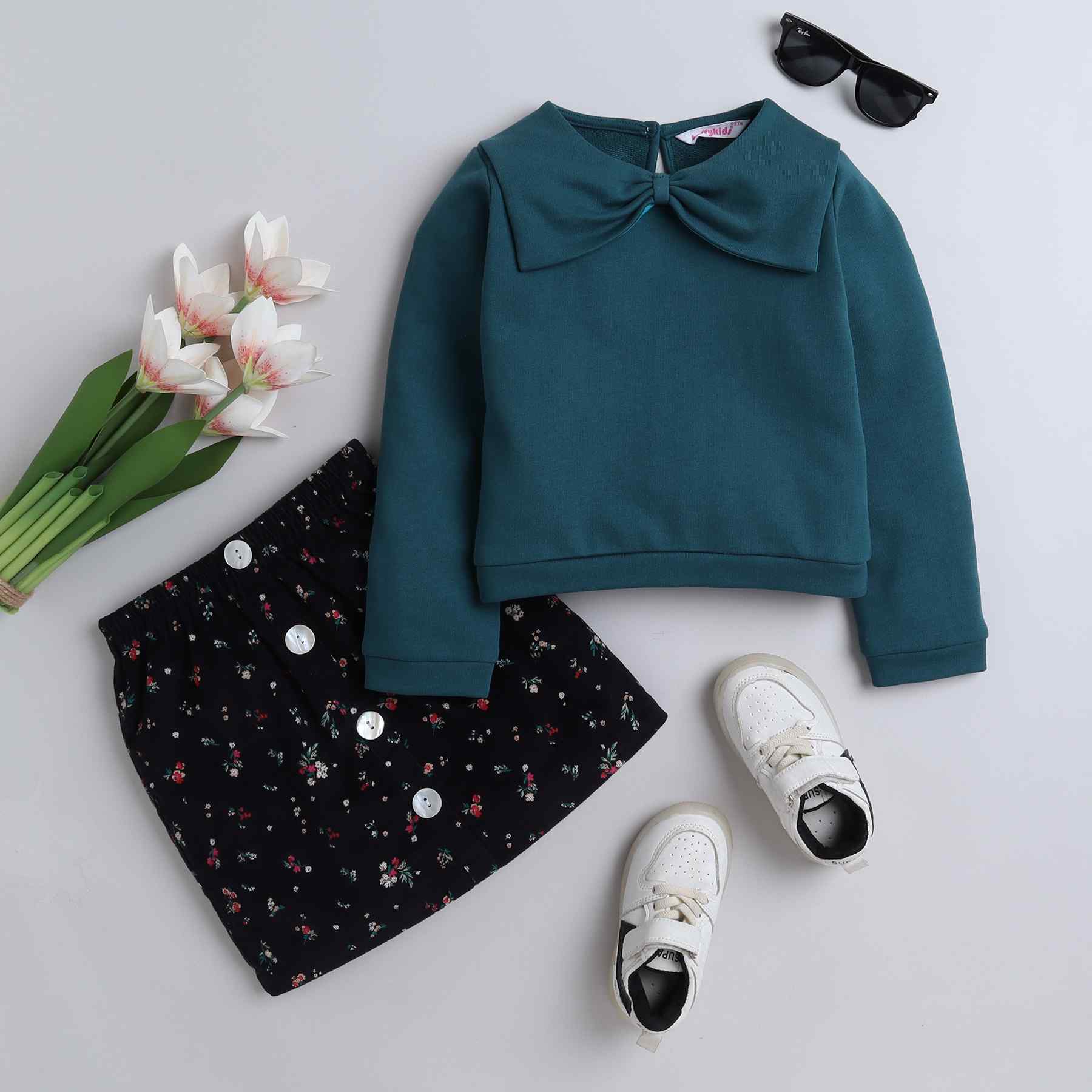 bow detail full sleeves sweatshirt and floral printed corduroy skirt set-Green/Black