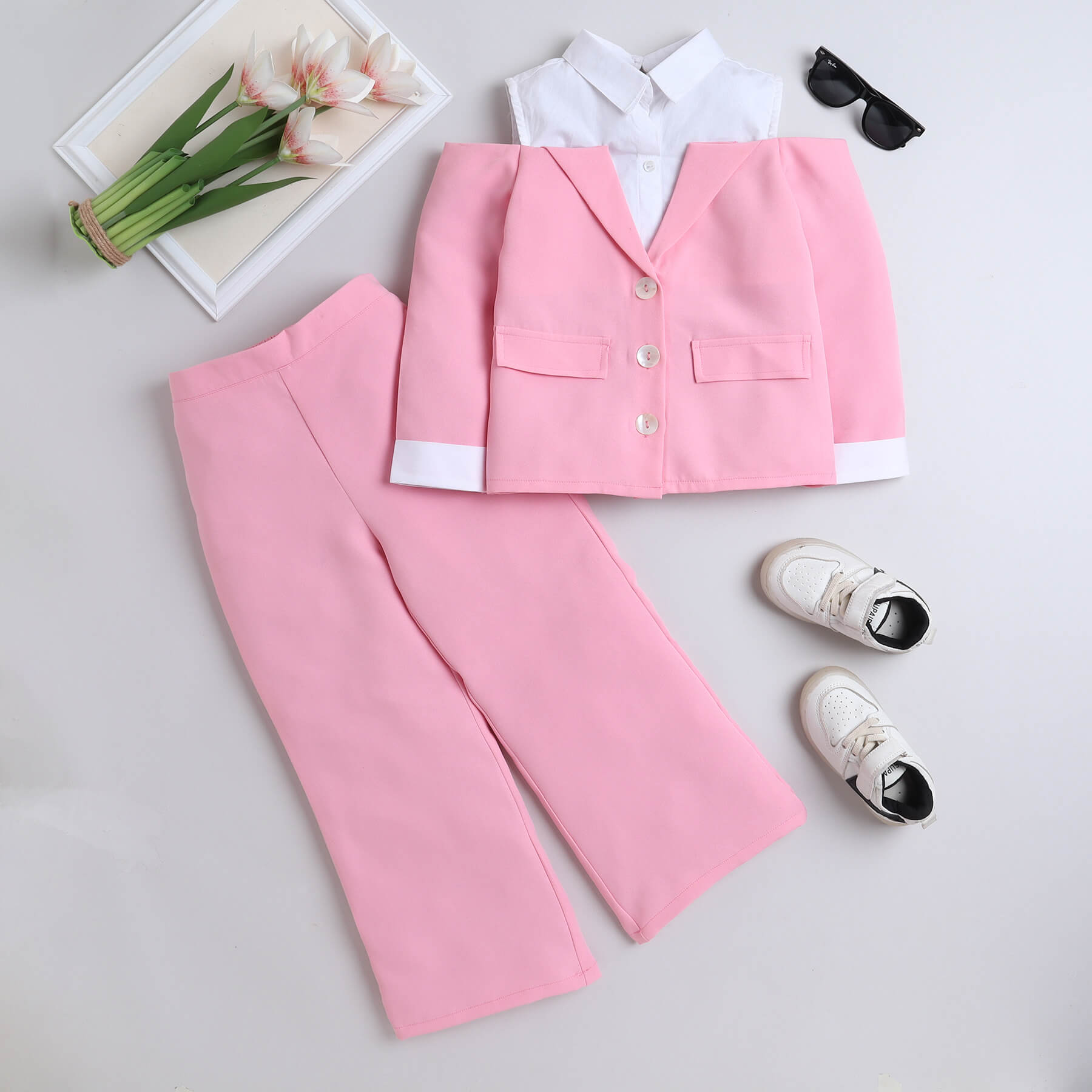 Full sleeves cold shoulder shirt blazer top and matching pant set - Pink & White