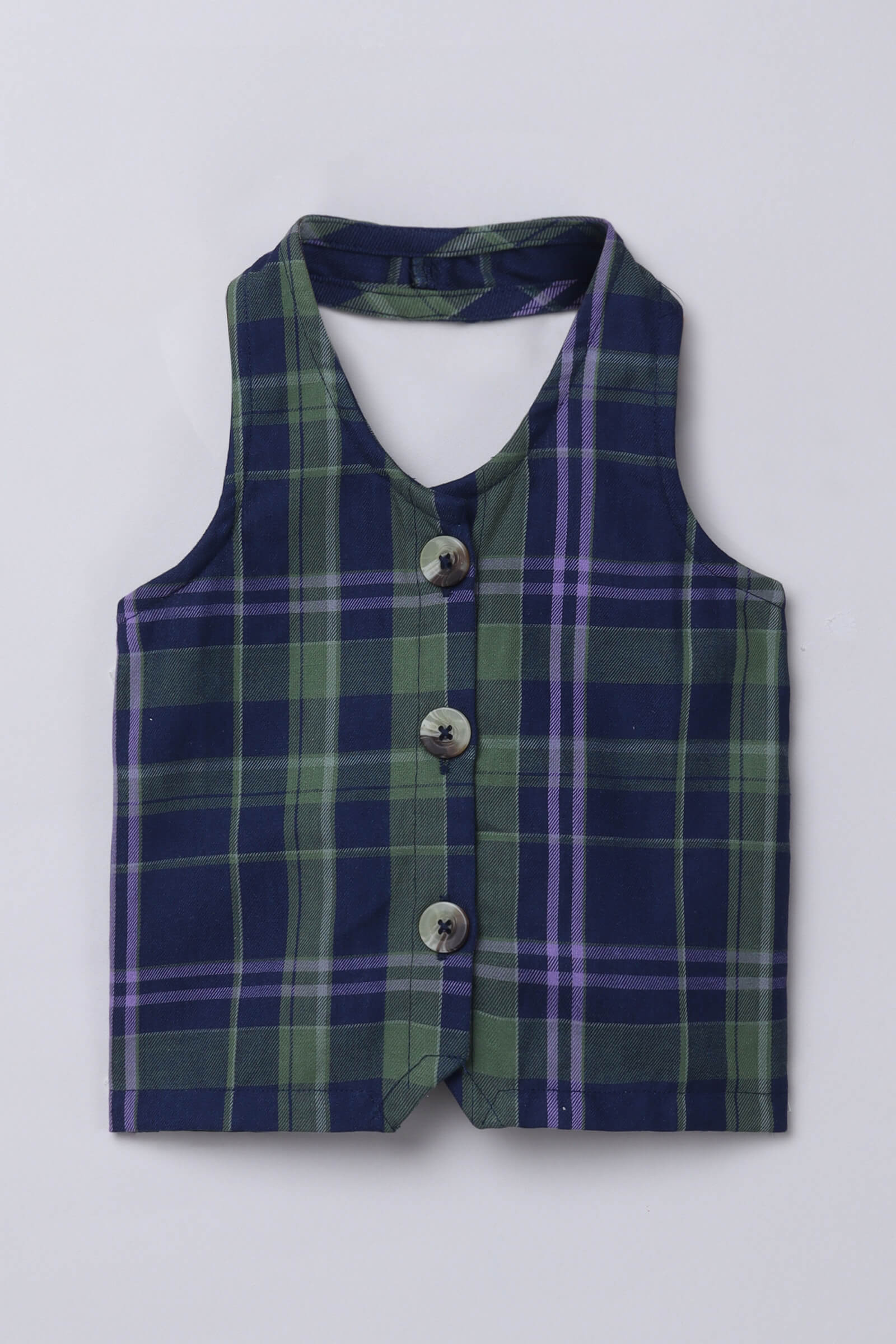 Sleeveless checkered halter neck vest top-Navy blue & Green