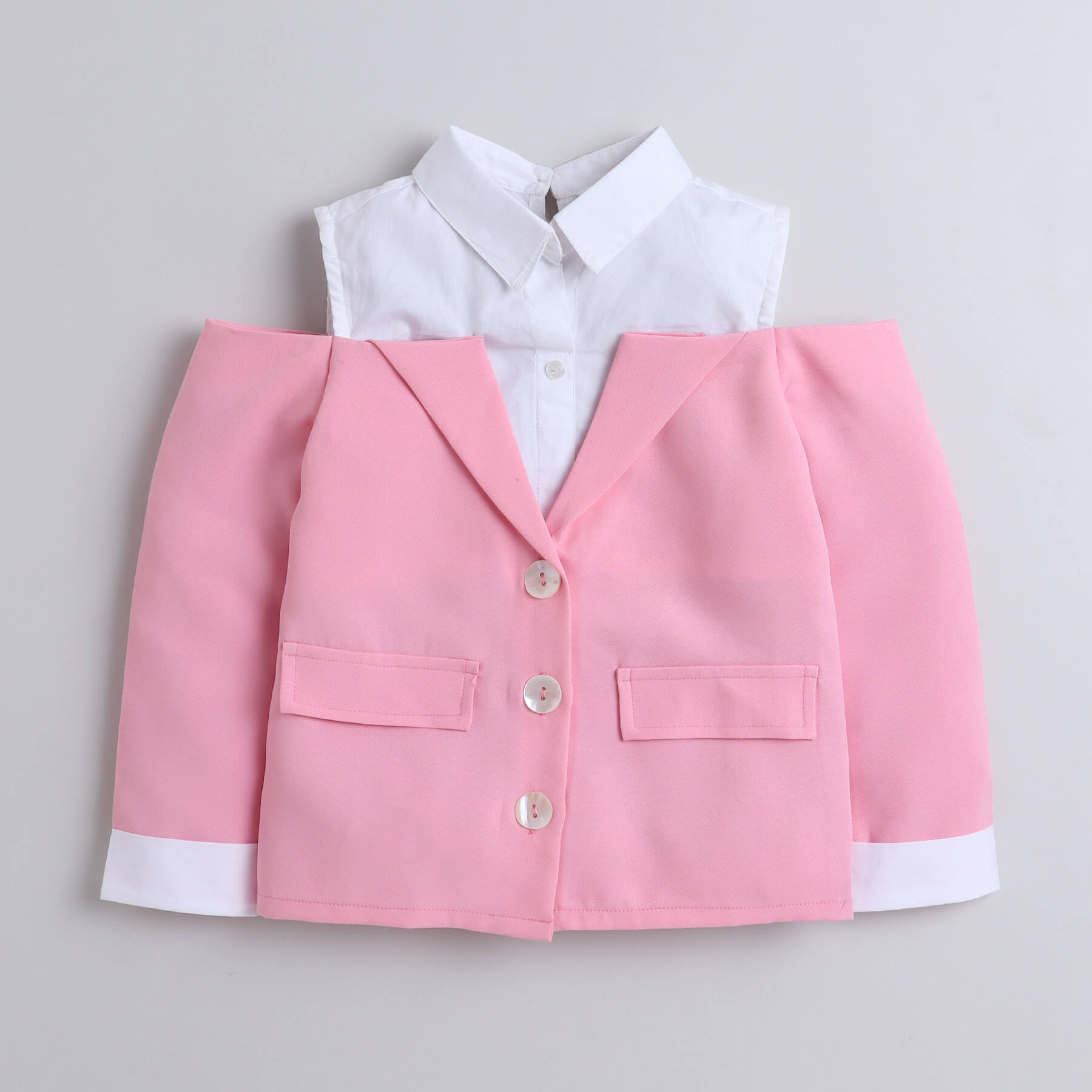 Full sleeves cold shoulder shirt blazer top and matching pant set - Pink & White