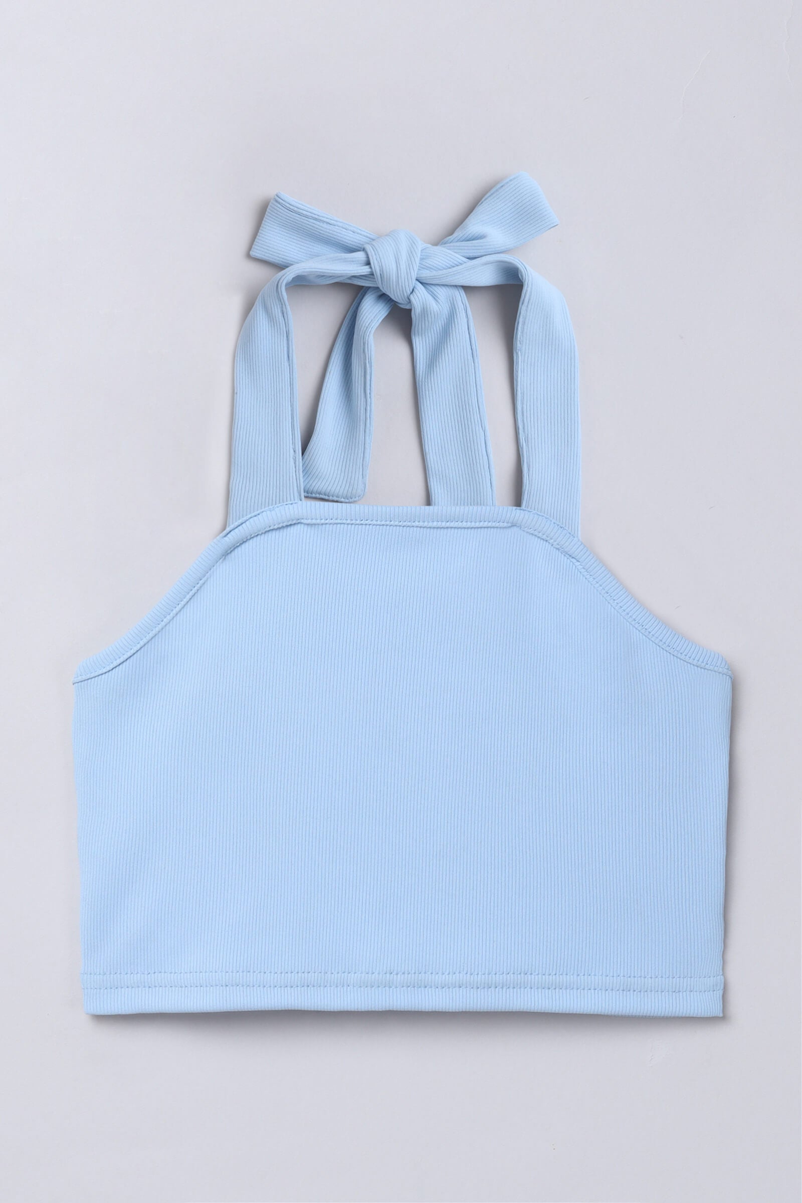 Rib sleeveless halter neck crop top-Blue