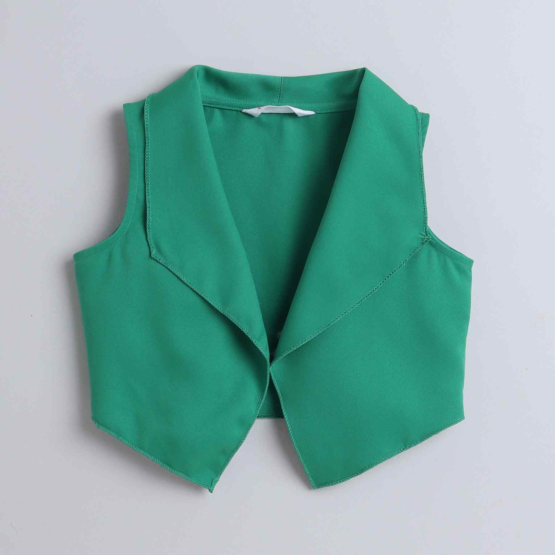 sleeveless crop waterfall jacket with matching pant and solid singlet crop top set-Green/White