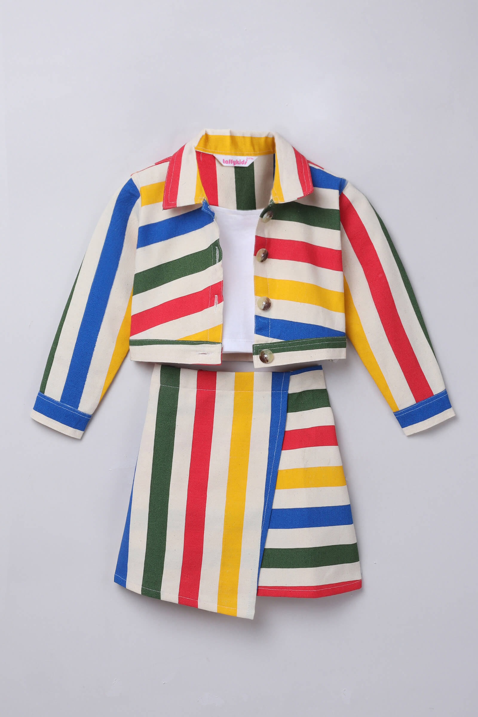 100% cotton Chevron full sleeves stripped jacket with matching wrap skirt and inner set-Multi