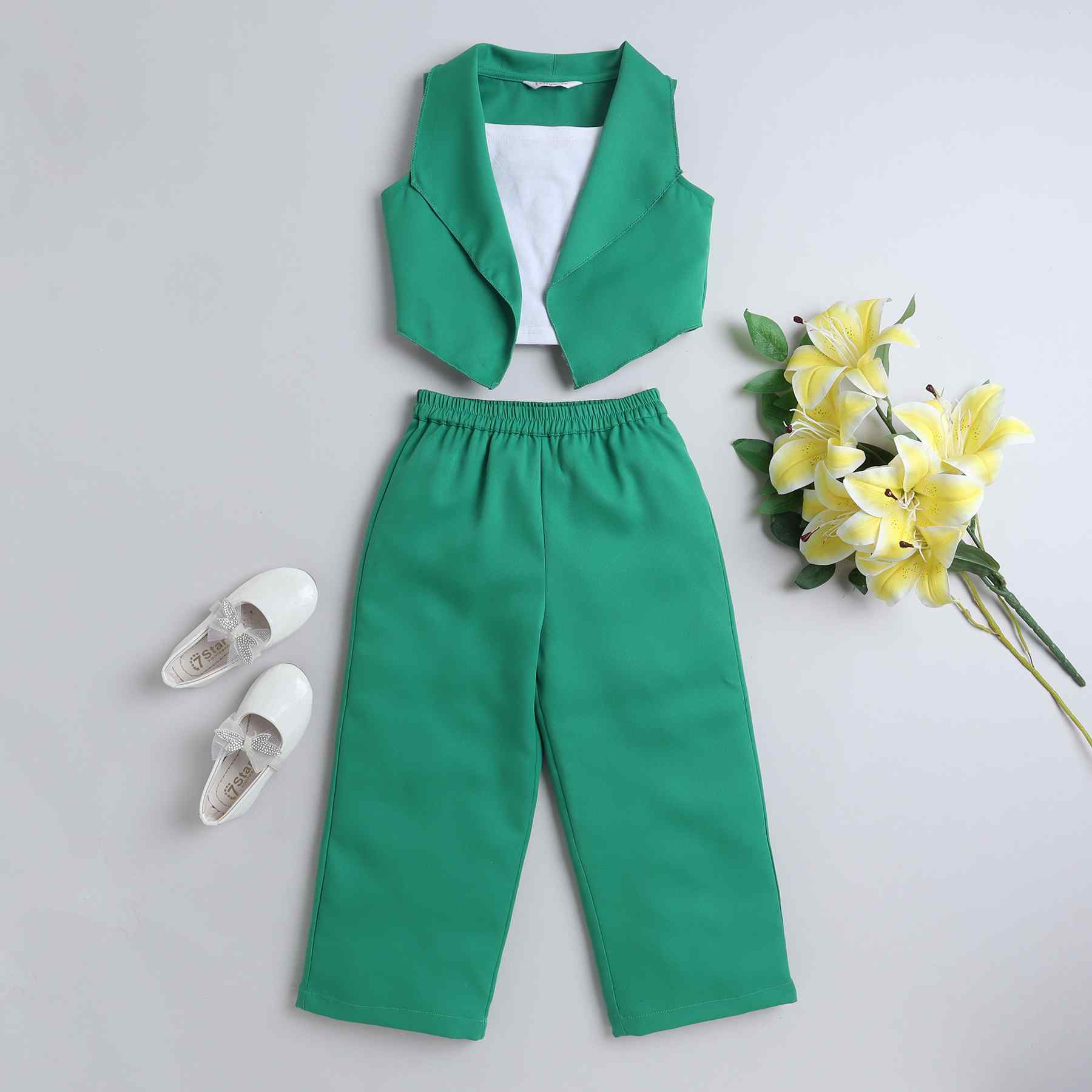 sleeveless crop waterfall jacket with matching pant and solid singlet crop top set-Green/White